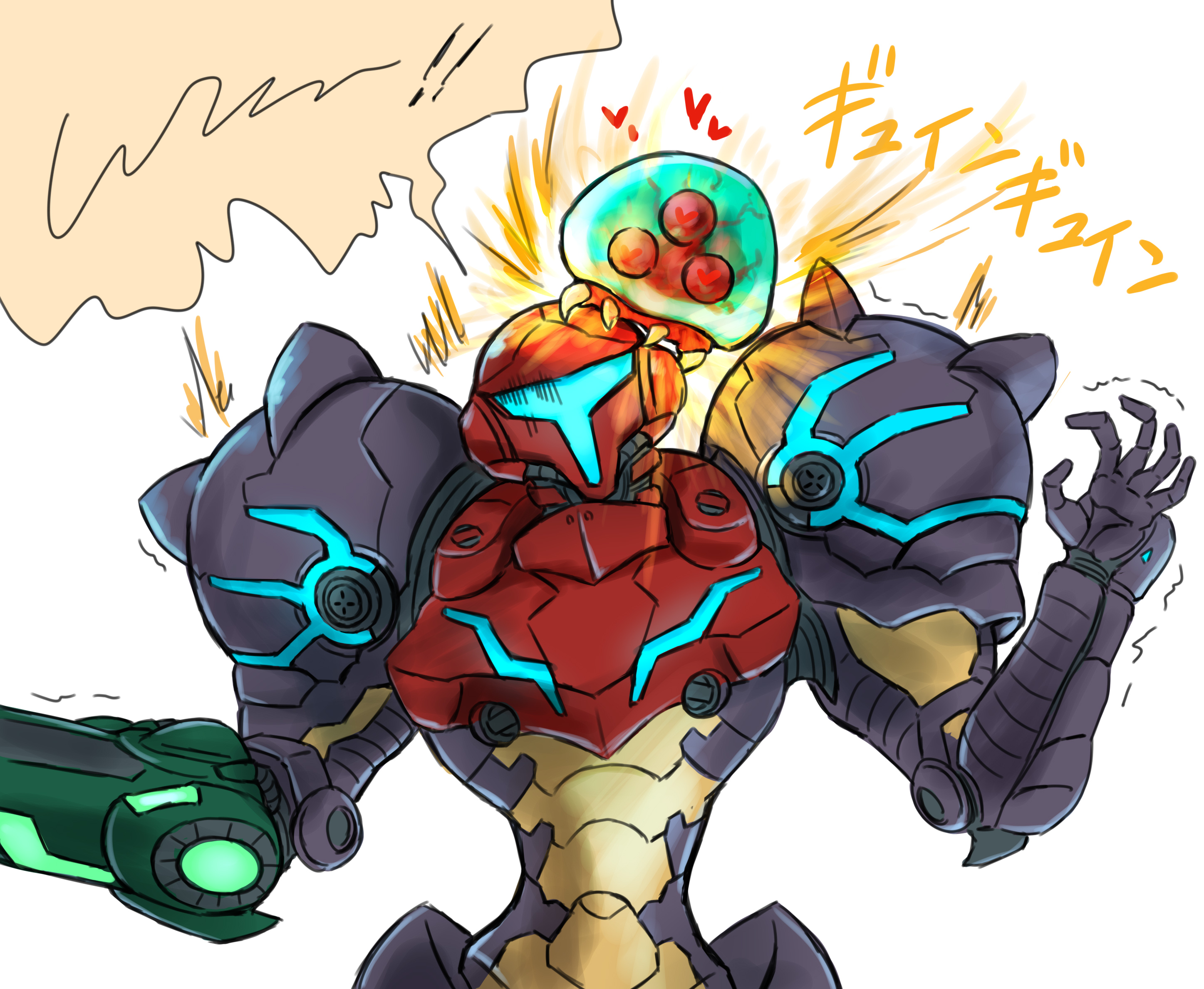 wakaba (wata ridley), metroid (creature), metroid larva, samus aran, metroid, metroid: samus returns, nintendo, commentary request, highres, 1girl, alien, arm cannon, armor, assault visor, blue armor, blue visor, full armor, gravity suit (metroid), heart, multicolored armor, power suit (metroid), simple background, weapon, white background