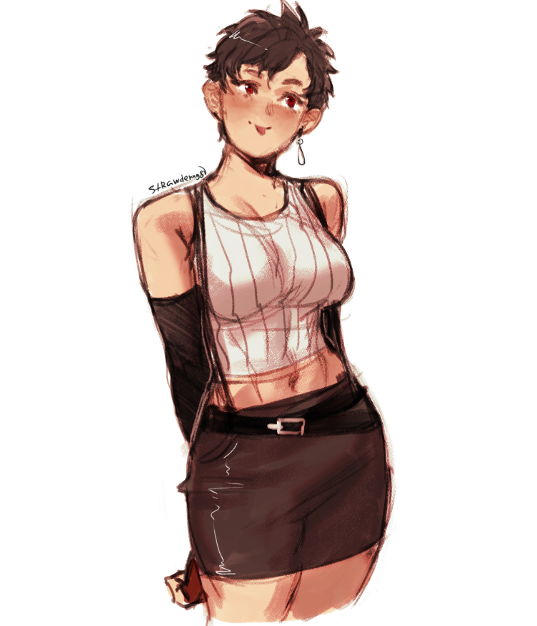 strawderryst, tifa lockhart, final fantasy, final fantasy vii, commentary, english commentary, 1girl, alternate hair length, alternate hairstyle, bare shoulders, belt, black belt, blush, breasts, brown gloves, brown hair, brown skirt, earrings, fingerless gloves, gloves, jewelry, midriff, navel, red eyes, short hair, simple background, single earring, skirt, sleeveless, sleeveless sweater, smile, solo, suspenders, sweater, tongue, tongue out, very short hair, white background, white sweater