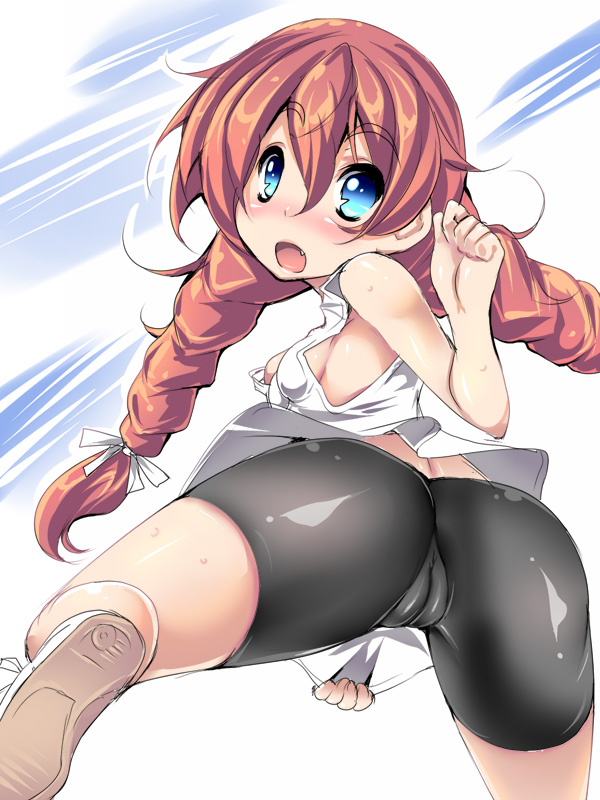 shiranagi, original, 1girl, ass, bike shorts, blue eyes, blush, braid, cameltoe, fang, female focus, from behind, latex, leg lift, long hair, looking back, no bra, open mouth, orange hair, shirt tug, solo, surprised, tank top, tight clothes, twin braids