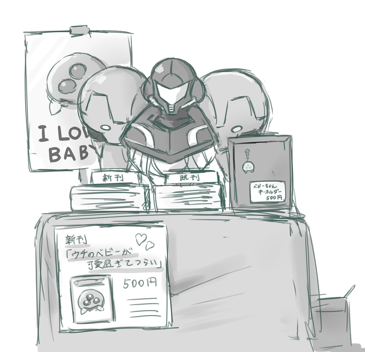 wakaba (wata ridley), metroid (creature), metroid larva, samus aran, metroid, metroid: other m, nintendo, commentary request, 1girl, armor, assault visor, full armor, greyscale, monochrome, poster (object), power armor, power suit (metroid), simple background, white background