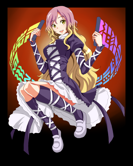 macha, hijiri byakuren, touhou, 1girl, dress, female focus, gothic lolita, gradient hair, lolita fashion, long hair, multicolored hair, scroll, solo, sorcerer's sutra scroll, yellow eyes