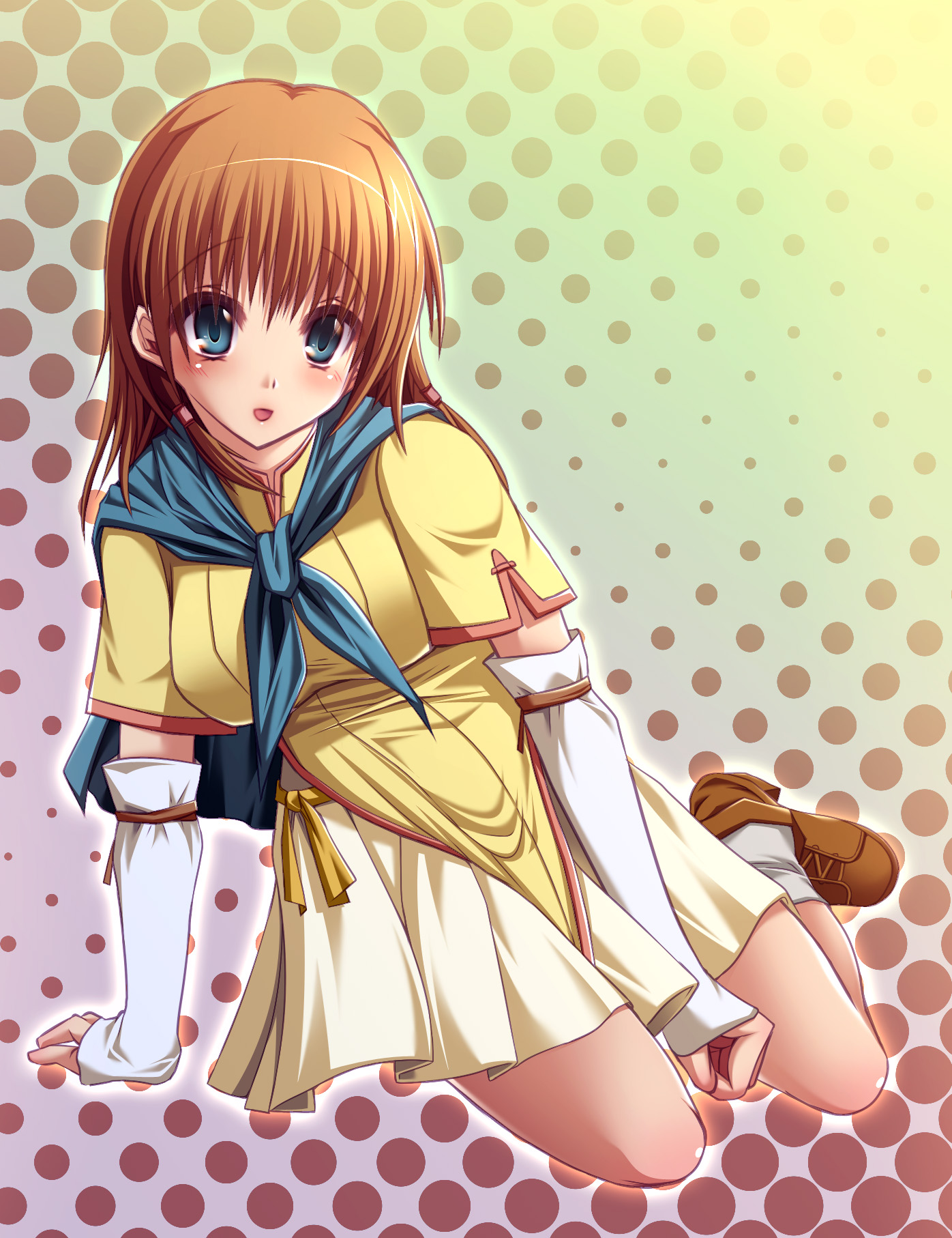 shin (applique), mist (fire emblem), fire emblem, fire emblem: path of radiance, nintendo, highres, 1girl, blue eyes, brown hair, female focus, gloves, hair tubes, scarf, short hair, smile, solo