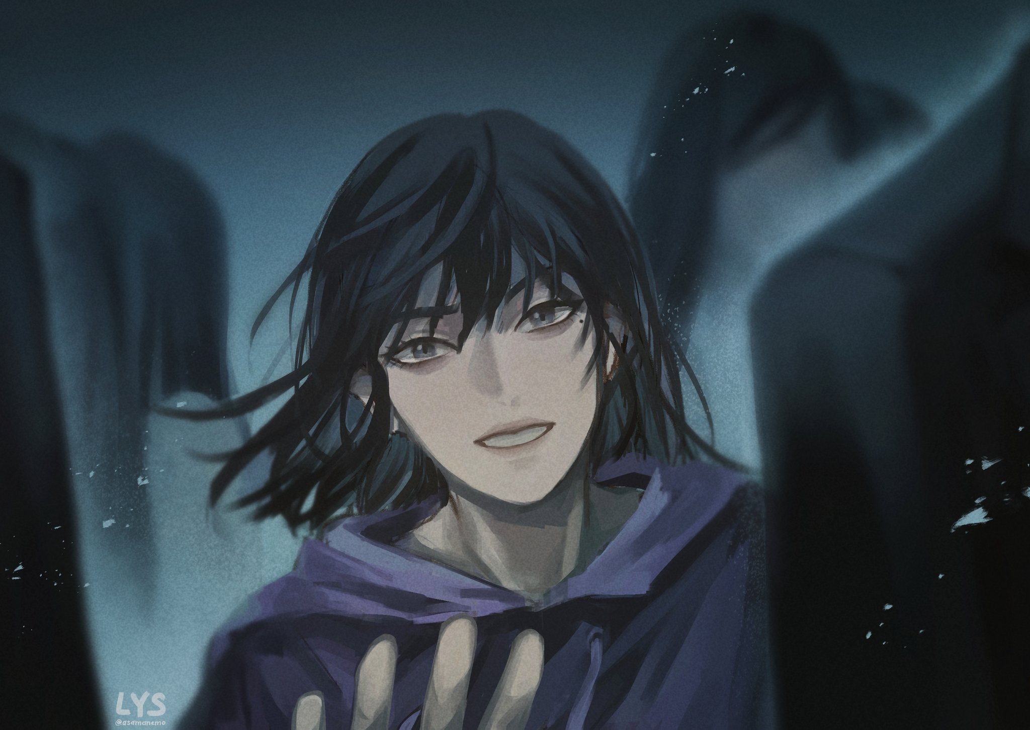 asamanemo, han sooyoung, omniscient reader's viewpoint, commentary, english commentary, highres, 1girl, :d, aegyo sal, black hair, blurry, blurry background, bob cut, computer, grin, hood, hood down, hoodie, mole, mole under eye, open mouth, outstretched hand, people, purple hoodie, reaching, reaching towards viewer, short hair, smile, upper body