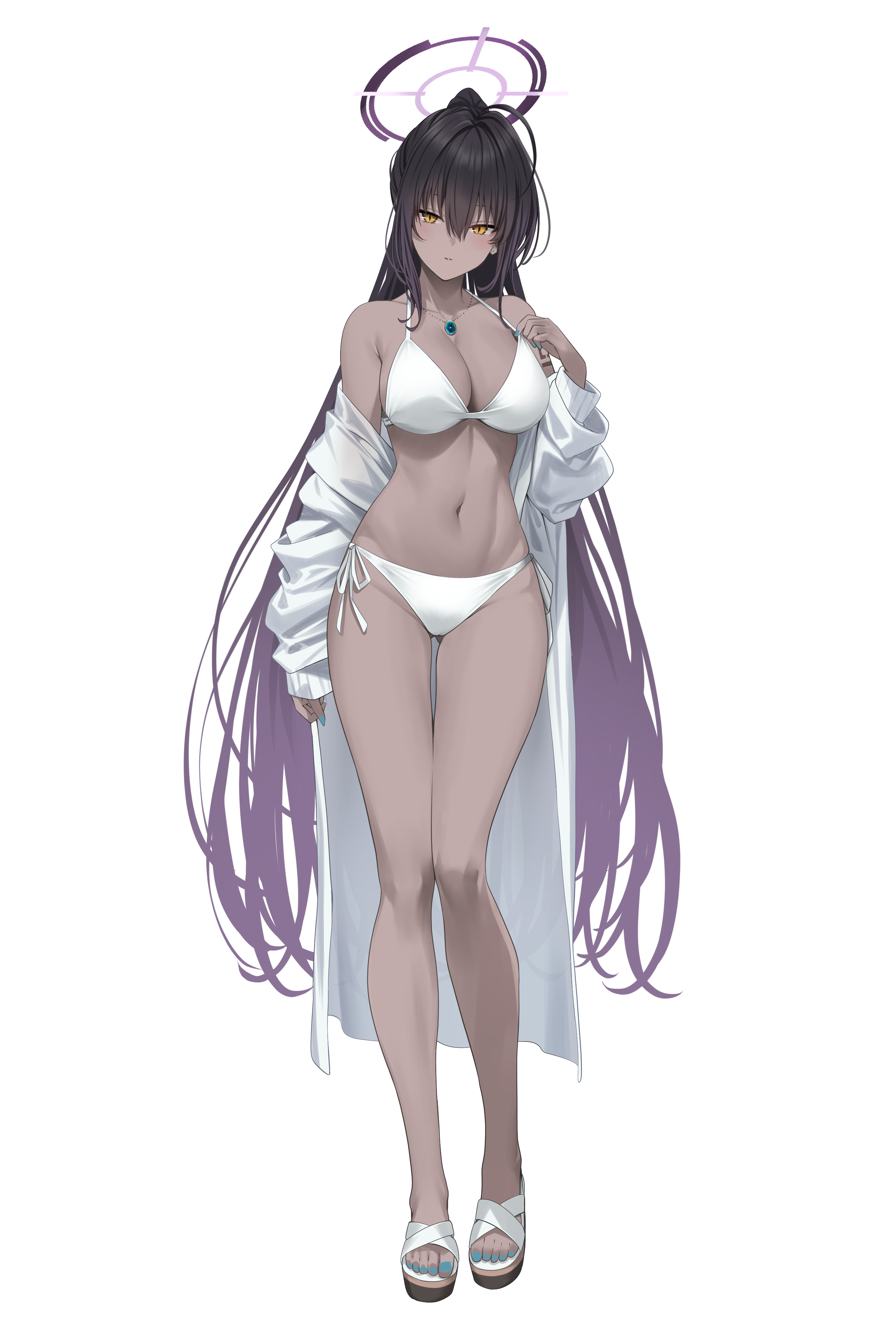 koisuke, karin (blue archive), blue archive, 1girl, bikini, bikini top pull, black hair, blue nails, dark-skinned female, dark skin, earrings, gradient hair, halo, jacket, jewelry, long hair, multicolored hair, nail polish, necklace, off-shoulder jacket, off shoulder, open clothes, open jacket, ponytail, purple hair, sandals, side-tie bikini bottom, slit pupils, solo, standing, swimsuit, toenail polish, toenails, white background, white bikini, white jacket, yellow eyes