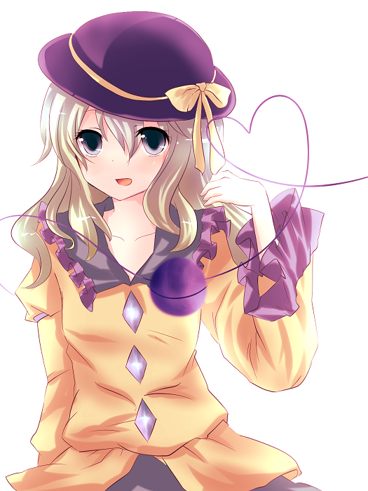 monako, komeiji koishi, touhou, silver hair, bad id, bad pixiv id, 1girl, blouse, female focus, hat, heart, heart of string, ribbon, shirt, short hair, solo, yellow shirt