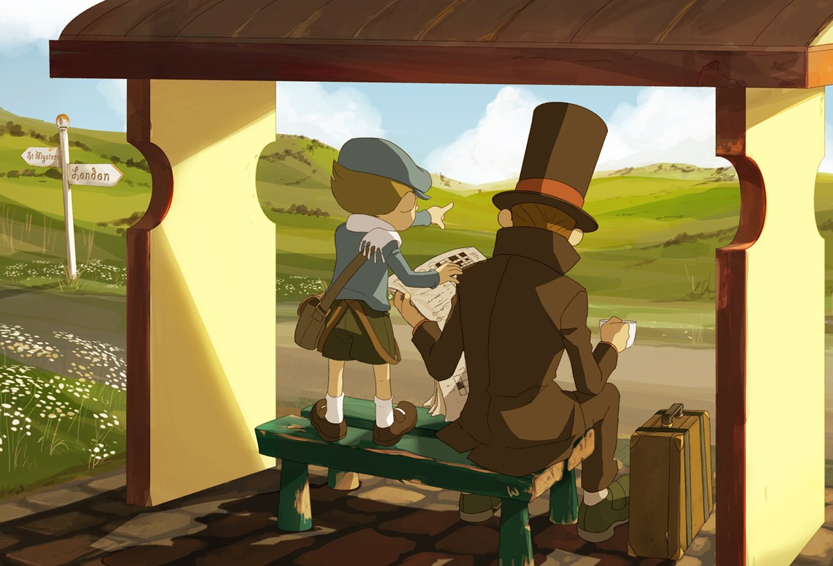 carolyn gan, hershel layton, luke triton, level-5, professor layton, 00s, 2boys, bench, briefcase, bus stop, child, cloud, cup, drink, hat, meadow, multiple boys, newsboy cap, newspaper, outdoors, pointing, road, road sign, scarf, shadow, sign, sitting, sky, slice of life, standing, tea, teacup, top hat