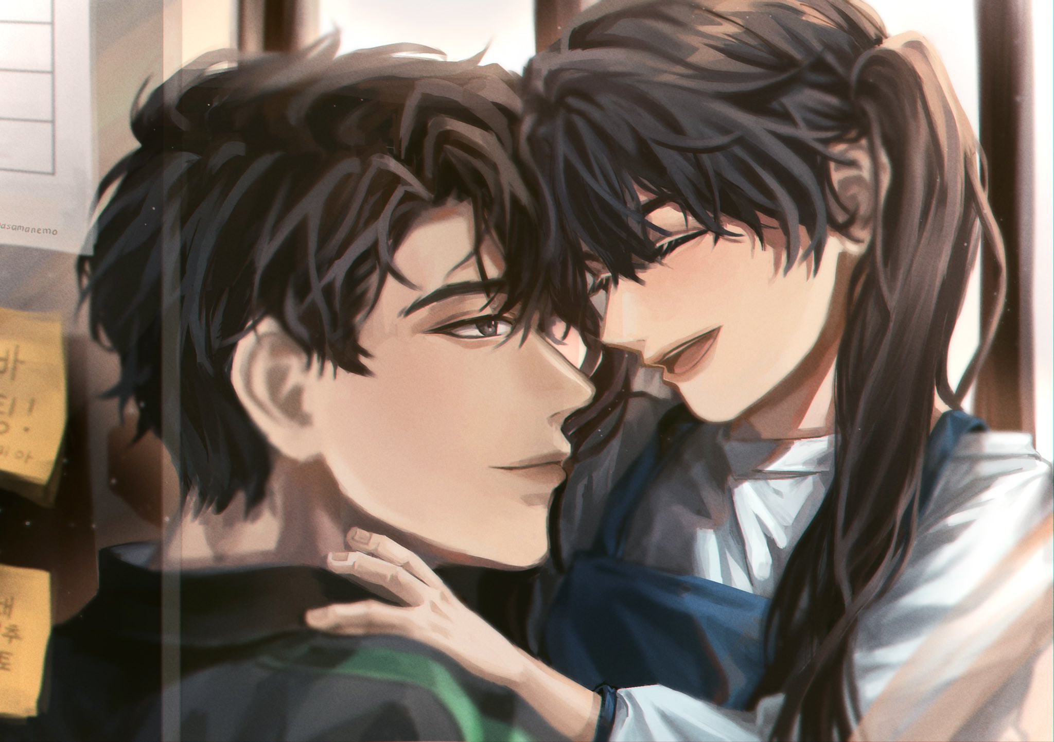 asamanemo, yoo joonghyuk, yoo mia, omniscient reader's viewpoint, commentary, english commentary, highres, 1boy, 1girl, aegyo sal, apron, bad anatomy, bad hands, black shirt, blue apron, brother and sister, closed eyes, forehead-to-forehead, green apron, grin, hand on another's shoulder, heads together, reaching, reaching towards another, shirt, siblings, smile, sticky note, twintails, upper body, white shirt