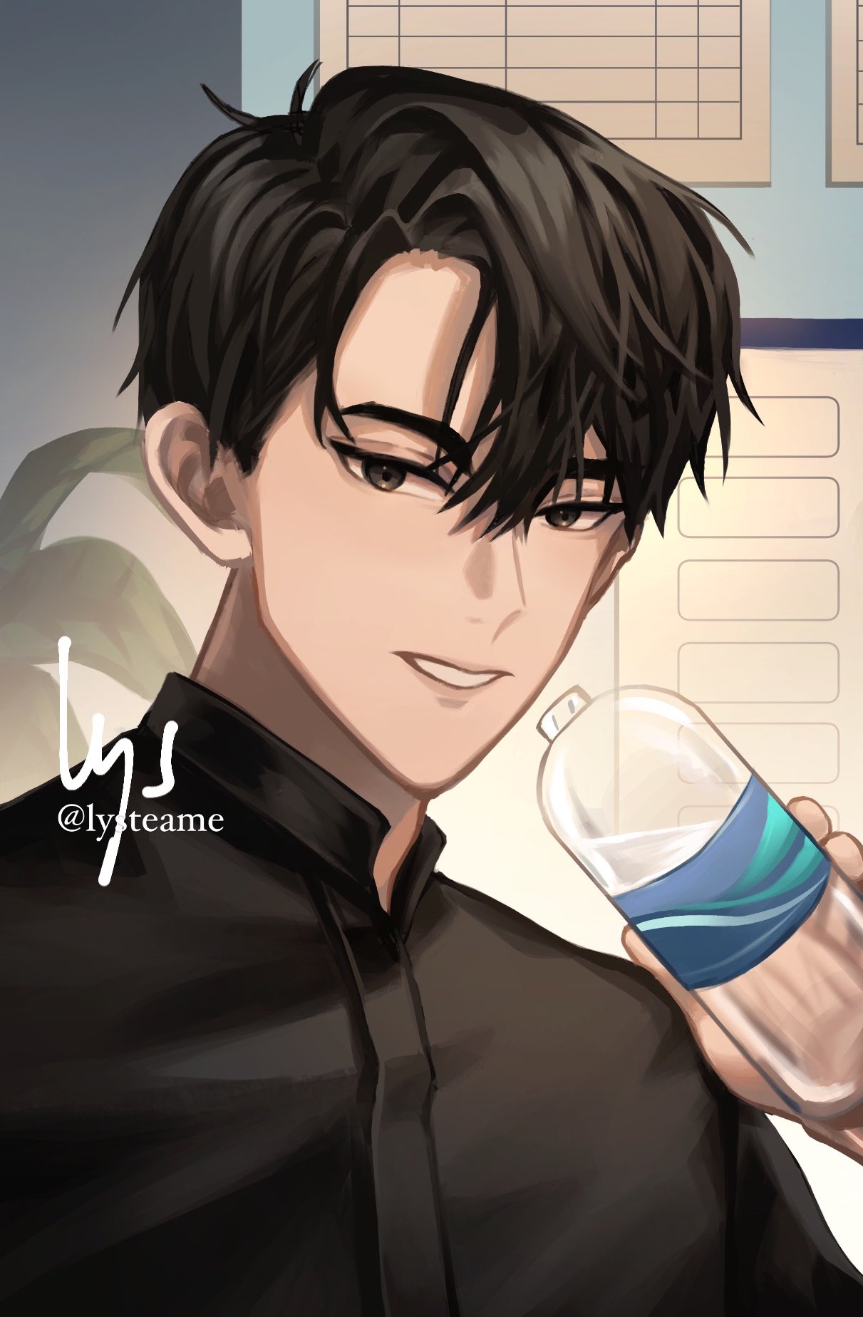 asamanemo, yoo joonghyuk, omniscient reader's viewpoint, commentary, english commentary, highres, 1boy, :d, alternate universe, black eyes, black hair, black shirt, bottle, curtained hair, grin, hair between eyes, holding, holding bottle, looking at viewer, male focus, open mouth, shirt, short hair, smile, solo