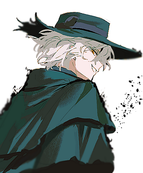 ss un17, edmond dantes (fate), fate/grand order, fate (series), commentary request, 1boy, cloak, fedora, green cloak, hair between eyes, hat, looking back, male focus, open mouth, orange eyes, short hair, sideways glance, smirk, solo, upper body, white hair