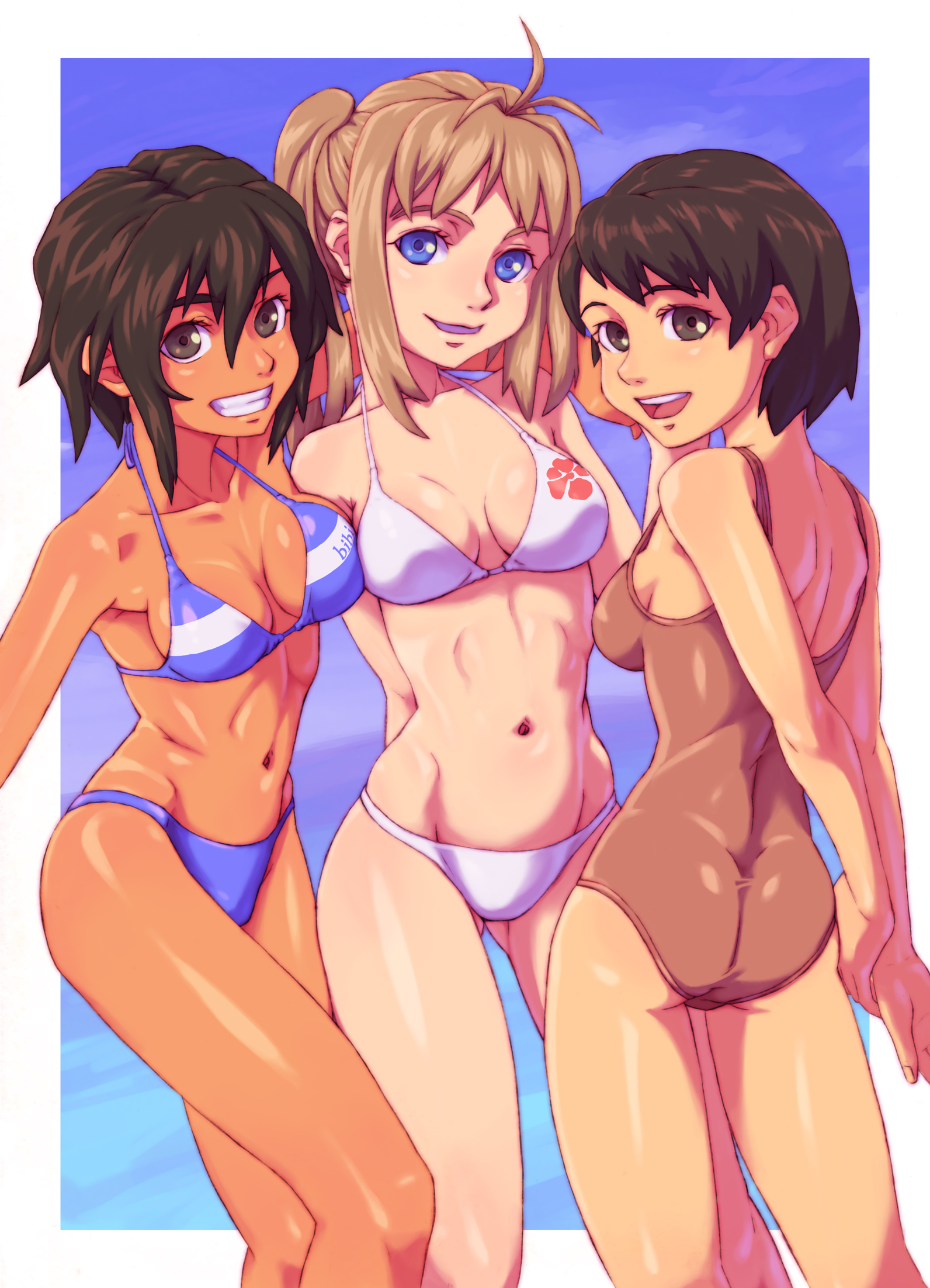 chiaki (tom910), tom910, highres, 3girls, ass, bikini, black eyes, black hair, blonde hair, blue eyes, brown eyes, brown hair, dark-skinned female, dark skin, long hair, looking at viewer, looking back, multiple girls, navel, one-piece swimsuit, short hair, swimsuit, twintails