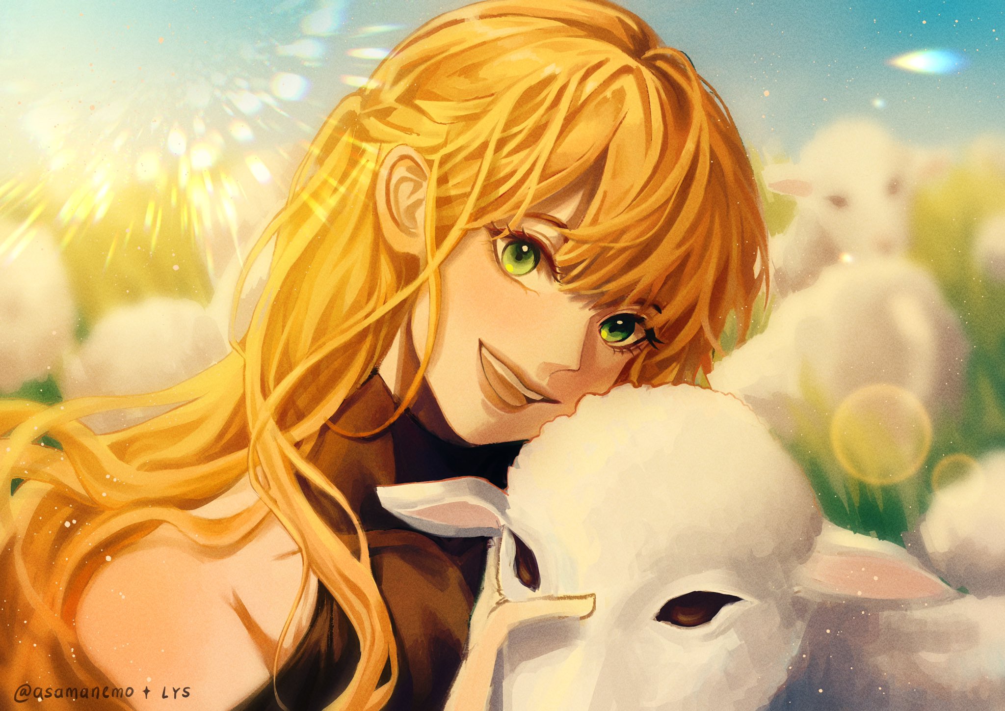 asamanemo, uriel (omniscient reader's viewpoint), omniscient reader's viewpoint, commentary, english commentary, highres, :d, animal, black shirt, blonde hair, blunt bangs, clothing cutout, grass, grin, head tilt, holding, holding animal, lens flare, long hair, looking at viewer, open mouth, outdoors, sheep, shirt, shoulder cutout, smile
