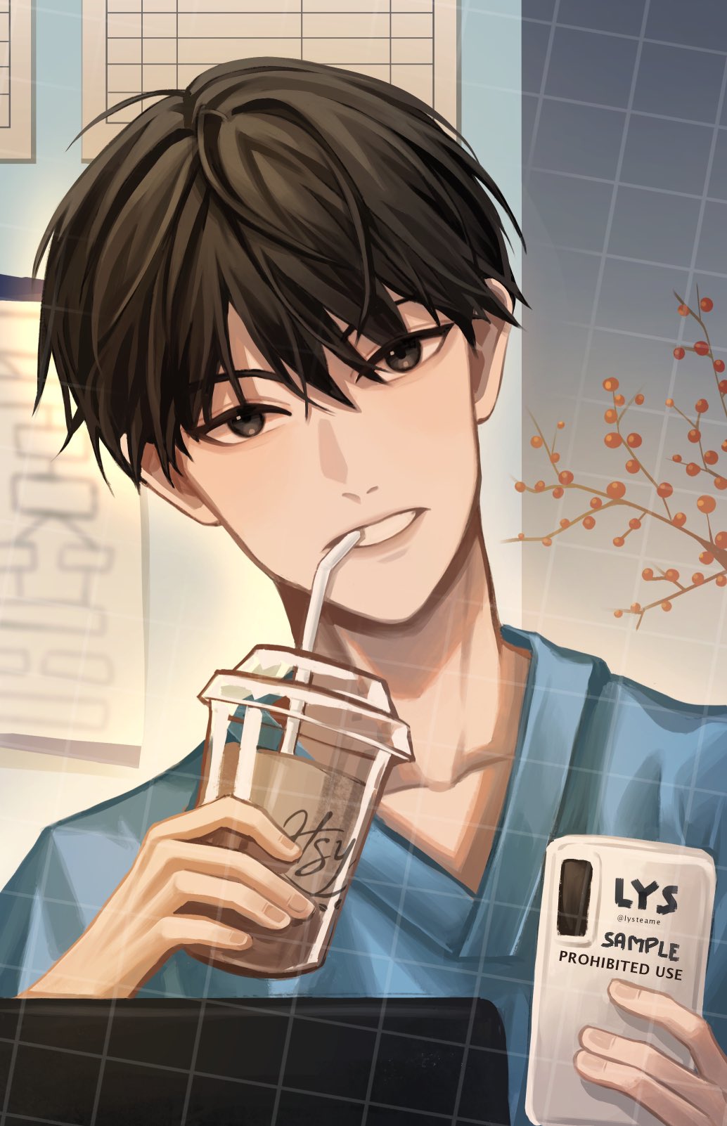 asamanemo, kim dokja, omniscient reader's viewpoint, commentary, english commentary, highres, 1boy, :d, alternate universe, black eyes, black hair, blue shirt, cup, drinking, drinking straw, head tilt, holding, holding cup, holding phone, looking at viewer, male focus, open mouth, phone, shirt, short hair, smile, solo