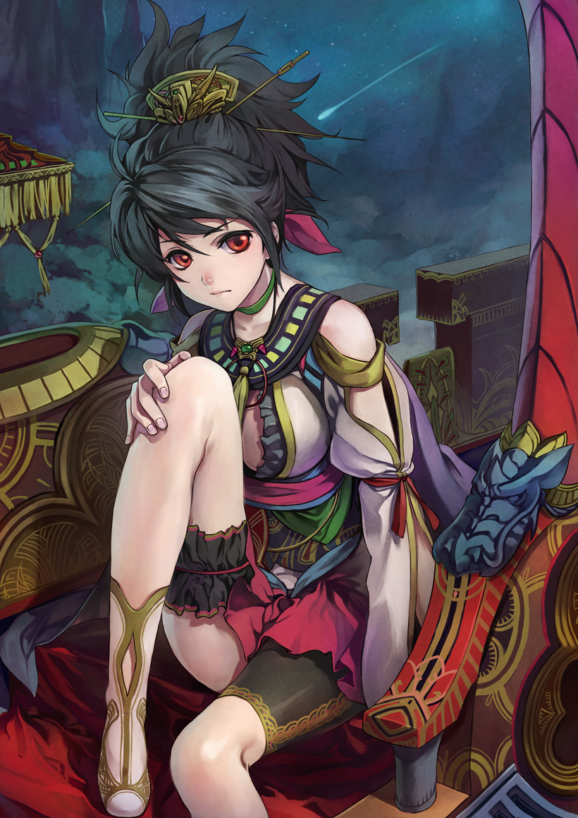 ryuutetsu, original, 1girl, asymmetrical legwear, bare shoulders, black hair, breasts, choker, cleavage, detached sleeves, female focus, frilled thigh strap, hair ornament, hair up, jewelry, legs, looking at viewer, mismatched legwear, necklace, night, red eyes, shooting star, sitting, sky, solo, thigh strap
