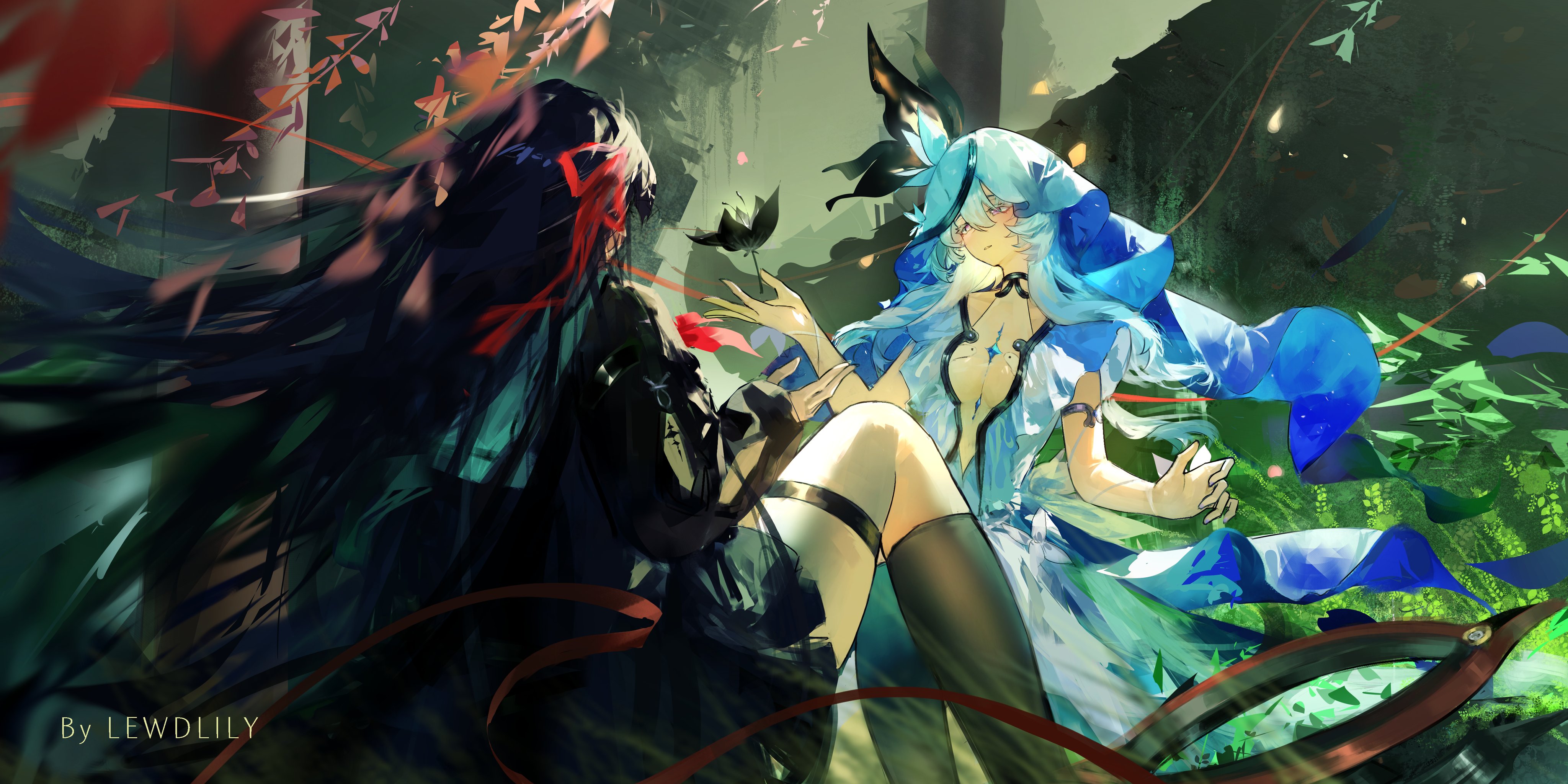 lewdlily66, chisa (wuthering waves), shorekeeper (wuthering waves), wuthering waves, absurdres, commentary, highres, 2girls, arm cutout, artist name, black flower, black hair, black jacket, blake bloom (wuthering waves), blue hair, blue veil, breasts, clothing cutout, flower, hair ribbon, hand up, jacket, long hair, long sleeves, medium breasts, multiple girls, red ribbon, ribbon, sailor collar, tacet mark (wuthering waves), two-tone veil, veil, white sailor collar, white veil