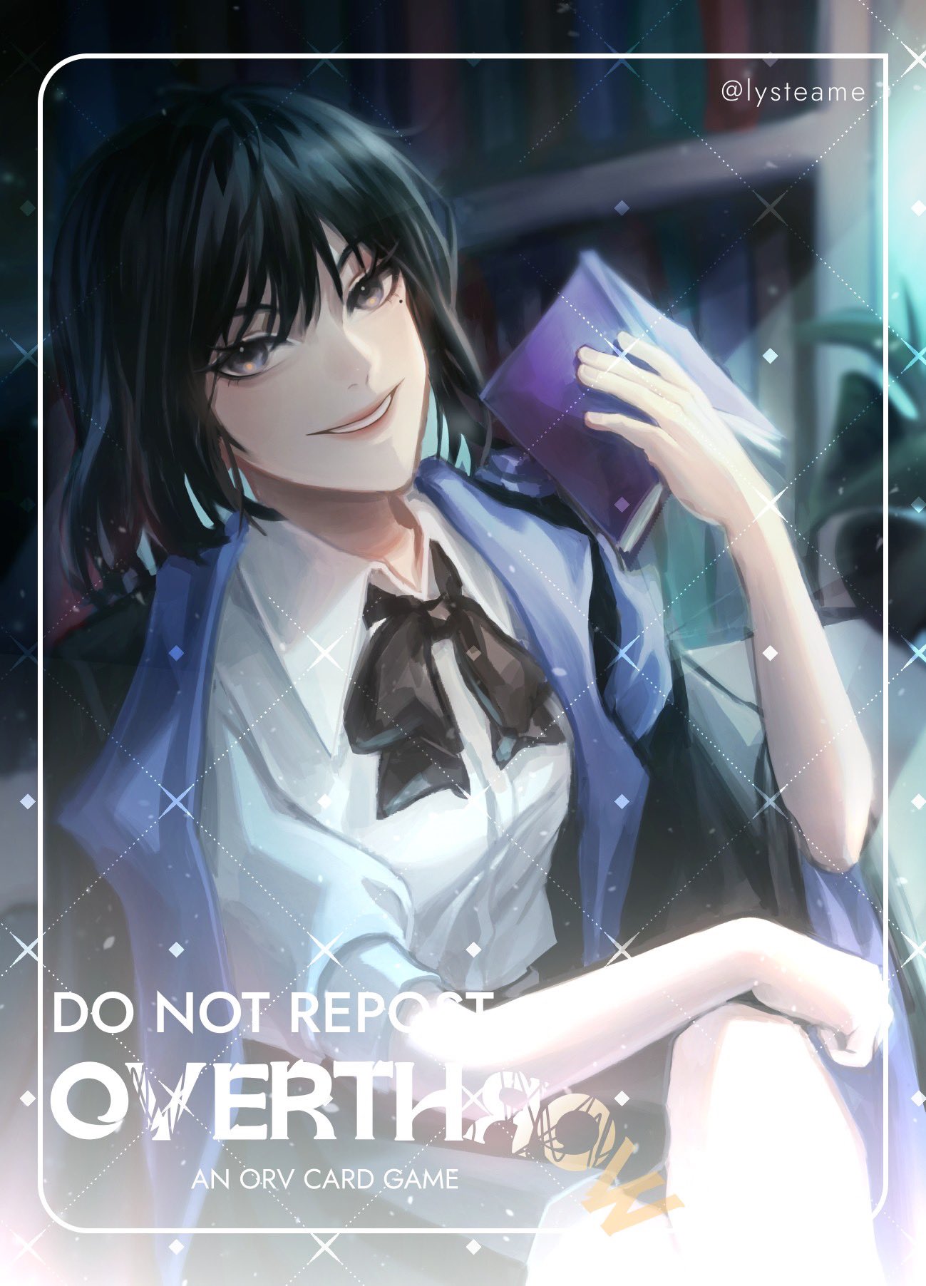 asamanemo, han sooyoung, omniscient reader's viewpoint, highres, official art, promotional art, 1girl, black hair, black robe, bob cut, book, bookshelf, bow, bowtie, chair, collared shirt, crossed legs, english text, hand on own knee, holding, holding book, indoors, open book, open clothes, open robe, plant, potted plant, robe, shirt, short hair, sitting, solo, white shirt