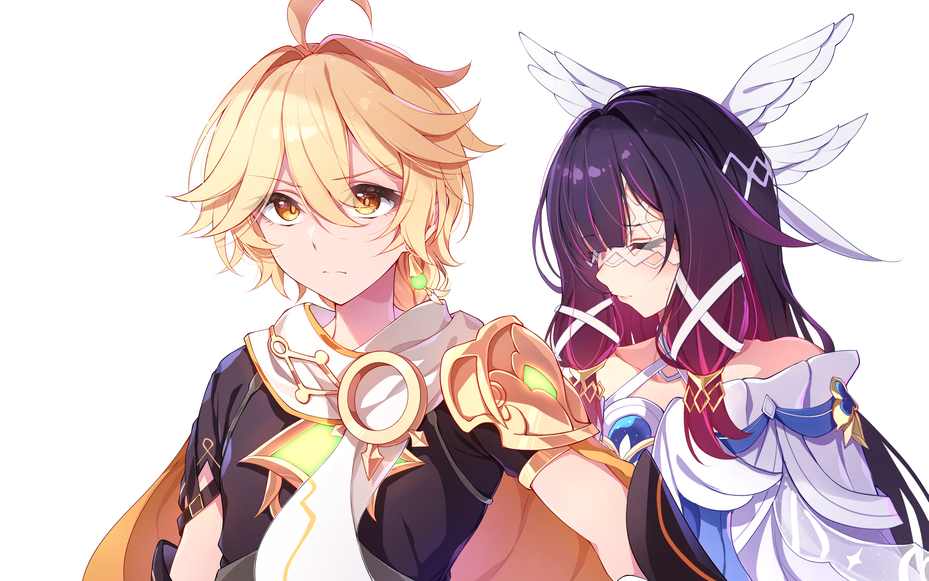 midori (midori13579), aether (genshin impact), columbina (genshin impact), genshin impact, absurdres, commentary, commission, english commentary, highres, 1boy, 1girl, ahoge, black hair, black shirt, blonde hair, closed eyes, colored inner hair, earrings, hair intakes, jewelry, long hair, multicolored hair, purple hair, shirt, simple background, two-tone hair, upper body, white background, white mask, yellow eyes