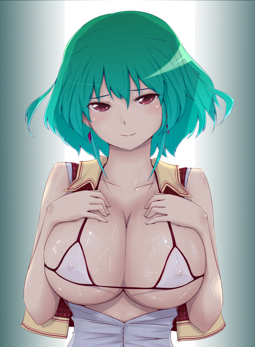 gustav (telomere na), kazami yuuka, touhou, highres, 1girl, bikini, bikini top only, blush, breasts, breasts out, earrings, female focus, green hair, hands on own chest, huge breasts, jewelry, open clothes, open shirt, plaid clothes, plaid vest, red eyes, seductive smile, shiny skin, shirt, smile, solo, swimsuit, vest, white bikini