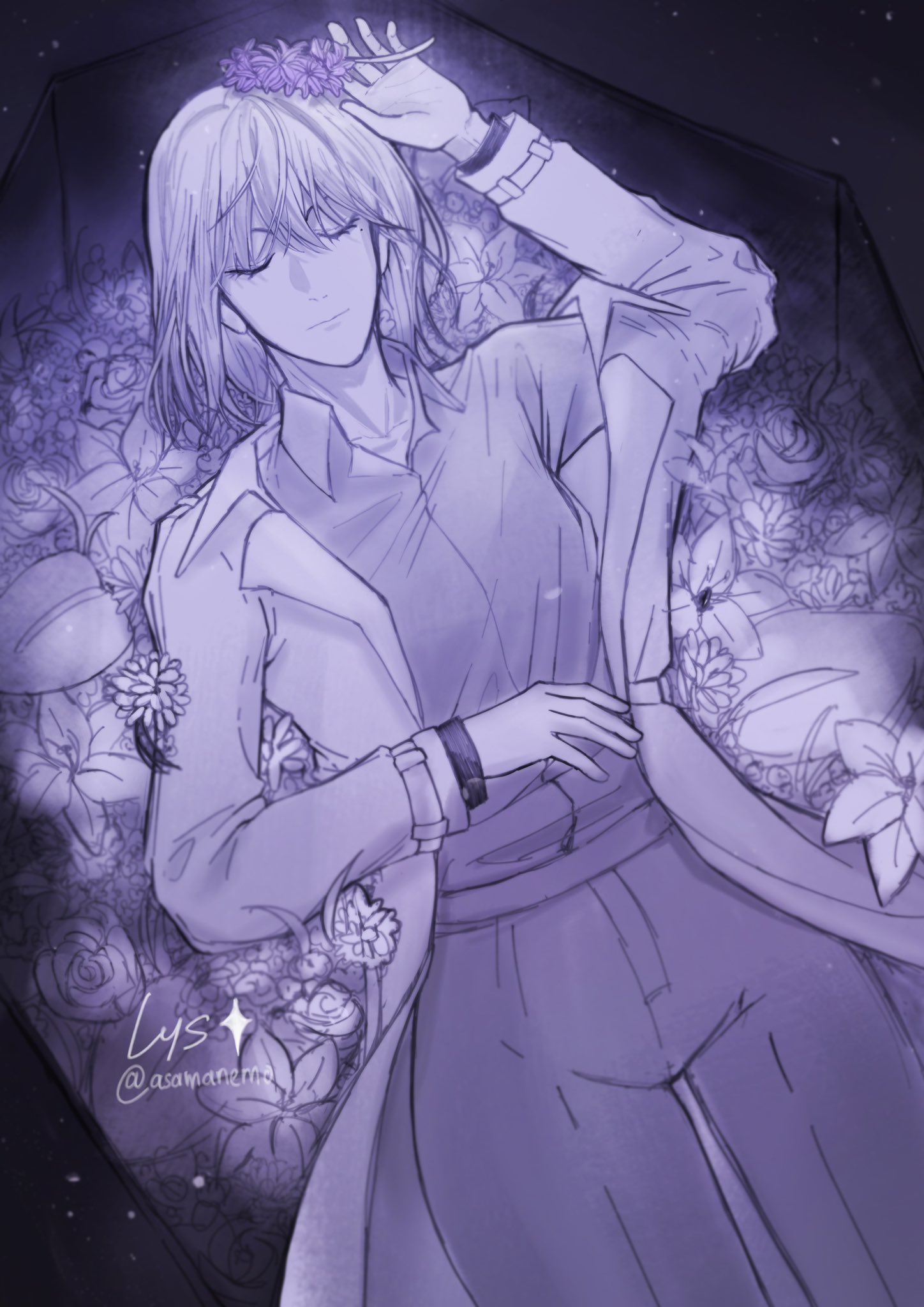 asamanemo, han sooyoung, omniscient reader's viewpoint, commentary, english commentary, highres, 1girl, bob cut, chrysanthemum, closed eyes, coat, collared shirt, cowboy shot, flower, from above, grape hyacinth, hand up, holding, holding flower, leaf, light particles, lily (flower), lying, on back, open clothes, open coat, popped collar, purple theme, rose, shirt, short hair, single off shoulder, solo