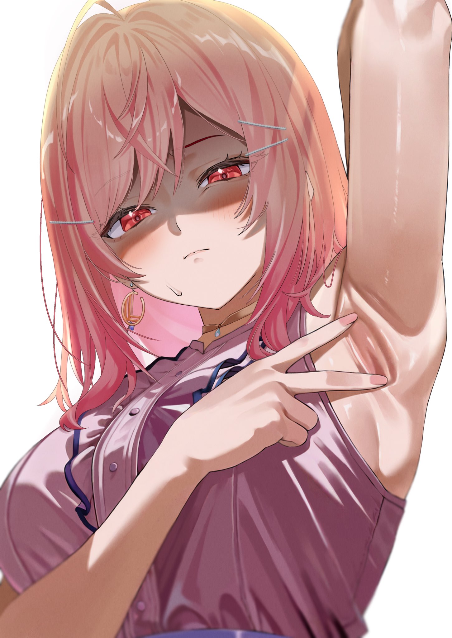 ichijou ririka, ichijou ririka (1st costume), hololive, hololive dev is, commentary request, highres, 1girl, ahoge, arm up, armpit focus, armpits, blush, breasts, center frills, closed mouth, earrings, frills, gold choker, gold earrings, gradient hair, hair between eyes, hair ornament, hairclip, jewelry, large breasts, long hair, looking at viewer, multicolored hair, nail polish, orange eyes, orange hair, orange nails, partially shaded face, pendant choker, pink hair, pink shirt, presenting armpit, shirt, shirt tucked in, sideboob, simple background, sleeveless, sleeveless shirt, solo, spread armpit, sweatdrop, upper body, virtual youtuber, white background, zora zzo