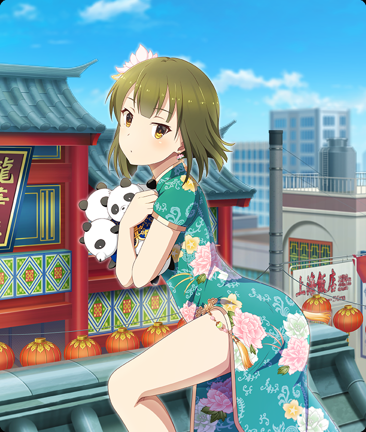 ban tsugumi, toji no miko, toji no miko: kizamishi issen no tomoshibi, game cg, official art, third-party source, 1girl, :o, architecture, ass, bare legs, blue sky, blush, bob cut, building, china dress, chinese clothes, cloud, day, dot nose, double-parted bangs, dress, earrings, east asian architecture, floral print, floral print dress, flower, from side, green dress, green hair, hair flower, hair ornament, holding, holding stuffed toy, jewelry, lantern, leaning forward, looking at viewer, looking to the side, lotus earrings, on rooftop, outdoors, paper lantern, parted lips, pink flower, print dress, railing, short hair, short sleeves, sky, solo, stuffed animal, stuffed panda, stuffed toy, thighs, yellow eyes