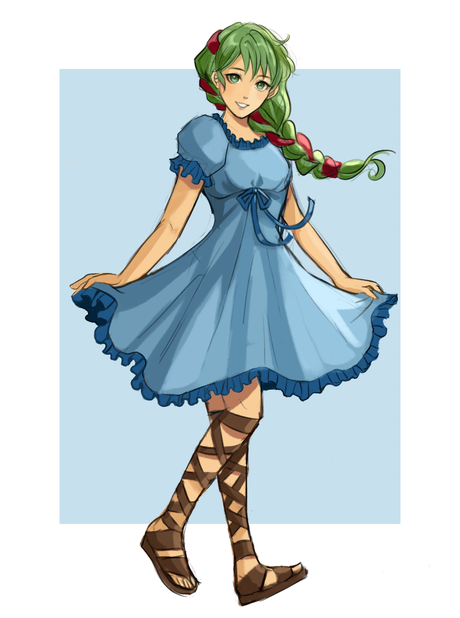 schereas, fire emblem, fire emblem: archanea saga, nintendo, commentary, commission, english commentary, highres, second-party source, 1girl, bare arms, blue background, blue dress, border, braid, breasts, dress, frilled dress, frills, full body, gladiator sandals, green-haired girl (fire emblem: archanea saga), green eyes, green hair, grin, long hair, looking at viewer, medium breasts, sandals, short sleeves, simple background, smile, solo, white border