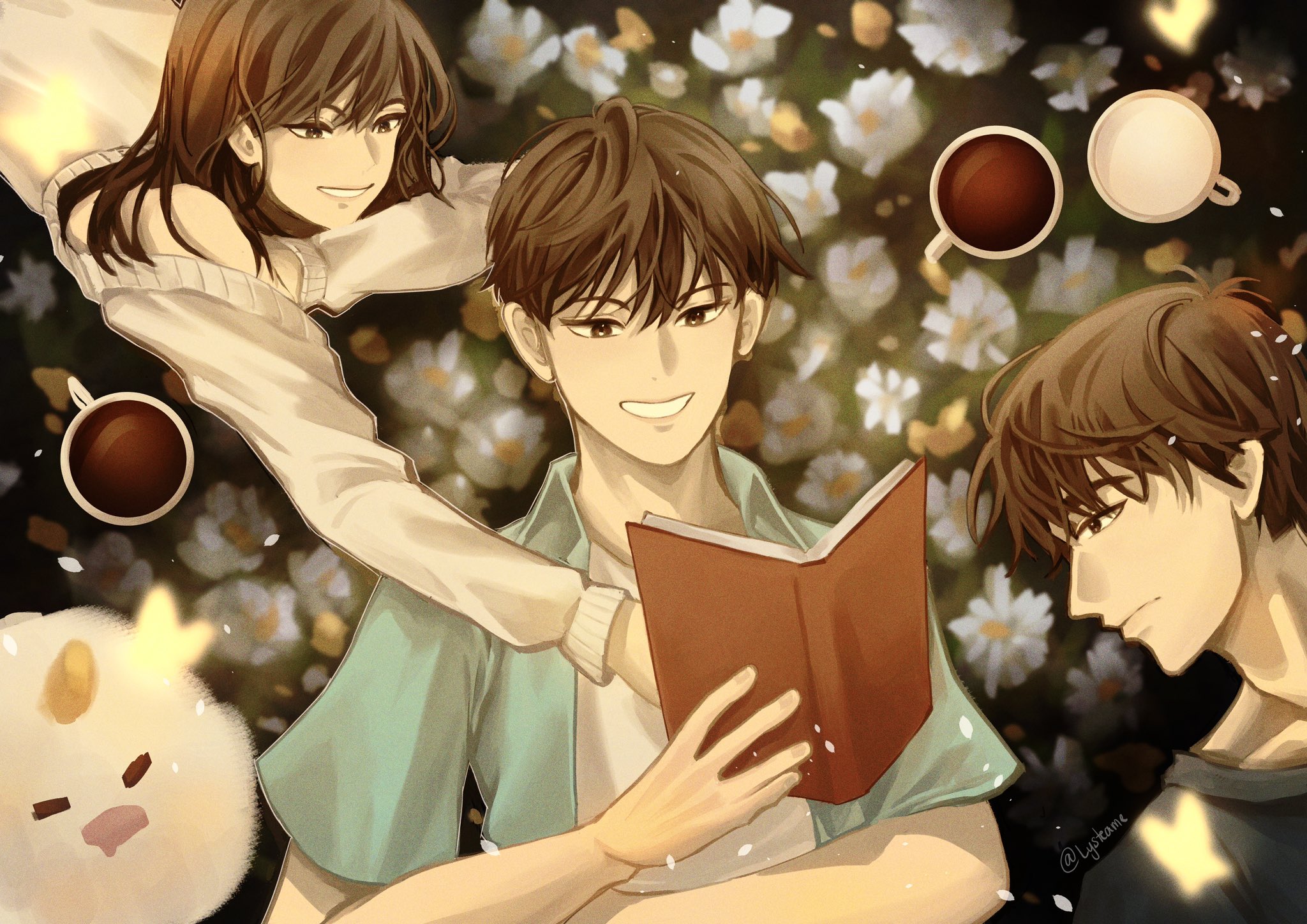 asamanemo, biyoo (omniscient reader's viewpoint), han sooyoung, kim dokja, yoo joonghyuk, omniscient reader's viewpoint, commentary, english commentary, highres, 1girl, 2boys, animal, black hair, black shirt, blue coat, book, coat, cup, flower, from above, grin, holding, holding book, lying, multiple boys, on back, open book, reaching, reaching towards another, shirt, short hair, single off shoulder, smile, sweater, t-shirt, white shirt, white sweater