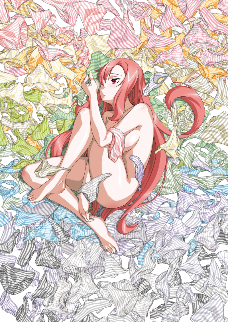 yuuki1103, original, 1girl, barefoot, breasts, feet, female focus, hair over one eye, large breasts, long hair, lying, nude, on side, panties, red eyes, red hair, solo, striped clothes, striped panties, underwear, very long hair