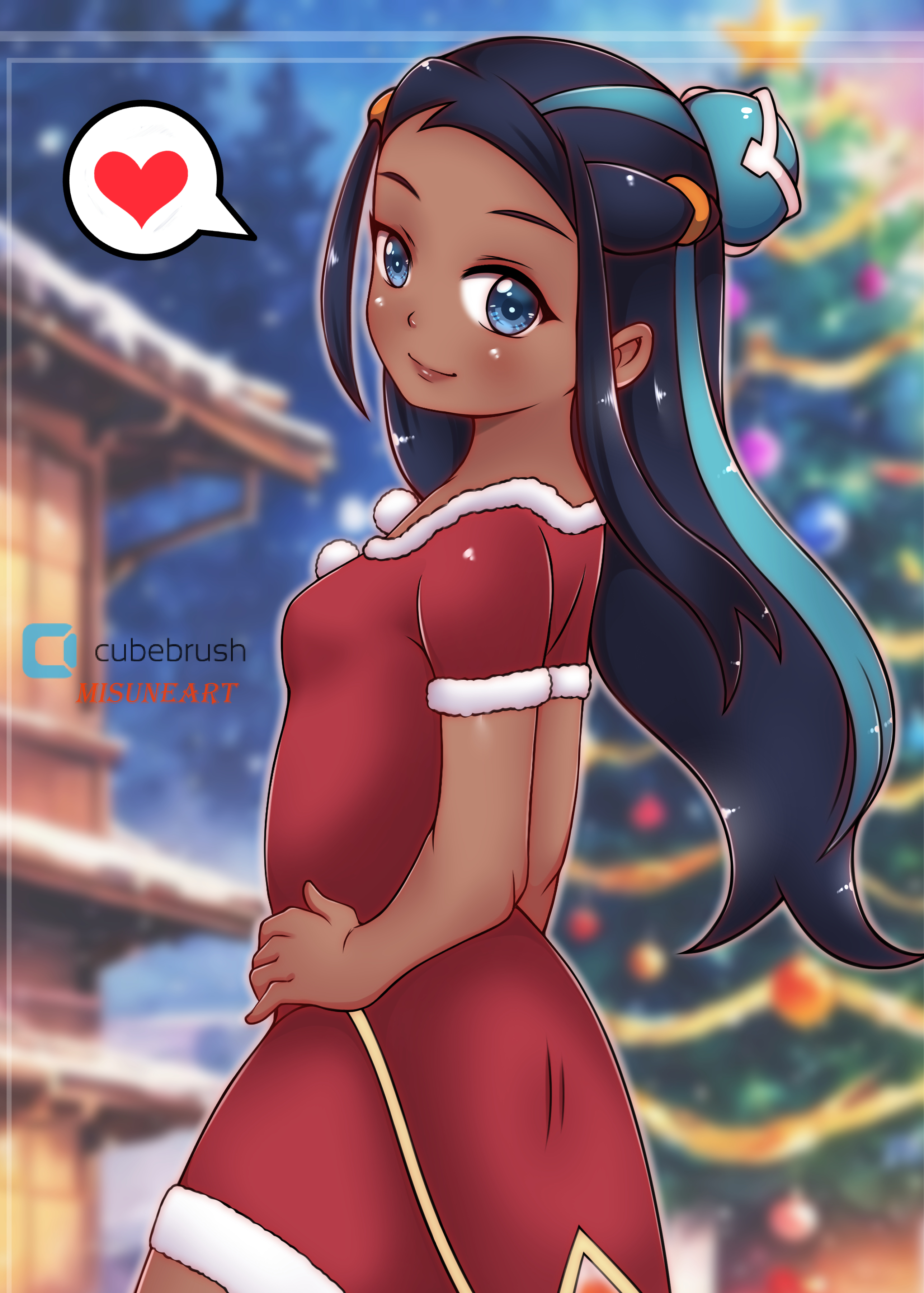 misune art, nessa (pokemon), nintendo, pokemon, pokemon swsh, 1girl, black hair, blue eyes, blue hair, blush, breasts, christmas, christmas ornaments, christmas tree, dark skin, from behind, fur-trimmed jacket, fur-trimmed shorts, fur trim, hair bun, hair ornament, hairclip, hands on own hips, heart, house, jacket, long hair, looking at viewer, looking back, multicolored hair, night, night sky, pom pom (clothes), red jacket, red shorts, santa costume, short sleeves, shorts, sky, small breasts, smile, snow, speech bubble, spoken heart, standing, star (symbol), streaked hair, tinsel, tree, winter