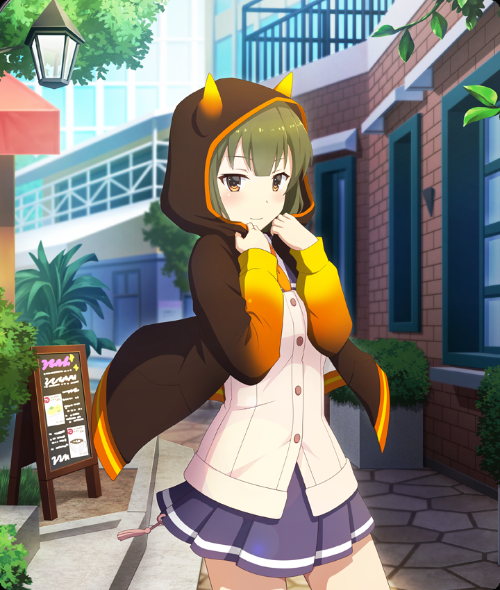 ban tsugumi, toji no miko, toji no miko: kizamishi issen no tomoshibi, game cg, official art, third-party source, 1girl, blazer, blue skirt, blush, brick wall, brown jacket, building, buttons, closed mouth, cowboy shot, day, dot nose, gradient clothes, gradient jacket, green hair, hands up, hedge, hood, hooded jacket, horned hood, horns, jacket, looking at viewer, necktie, open clothes, open jacket, orange jacket, orange sleeves, outdoors, railing, renpu girls school uniform, school uniform, sign, skirt, smile, solo, stone walkway, tree, white jacket, window, yellow eyes, yellow necktie