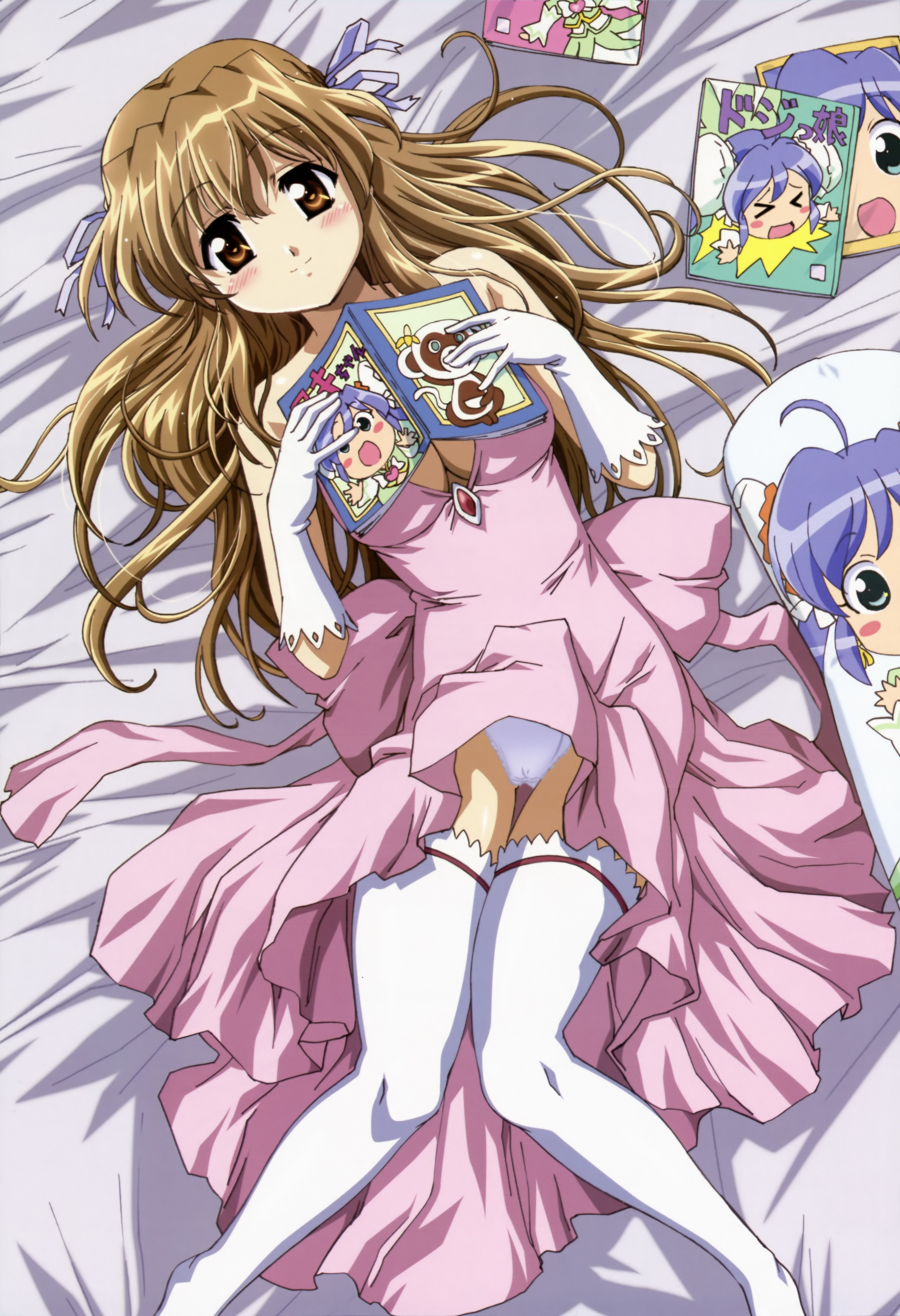 ishikawa masakazu, dojikko aki-chan, nogizaka haruka, nogizaka haruka no himitsu, nyantype, absurdres, highres, official art, > <, 00s, 1girl, ahoge, bed, bed sheet, blush, book, breasts, brown hair, cameltoe, cleavage, closed eyes, dakimakura (medium), dakimakura (object), elbow gloves, female focus, gloves, green eyes, long hair, open mouth, panties, pantyshot, pillow, solo, thighhighs, underwear, very long hair, white panties, white thighhighs