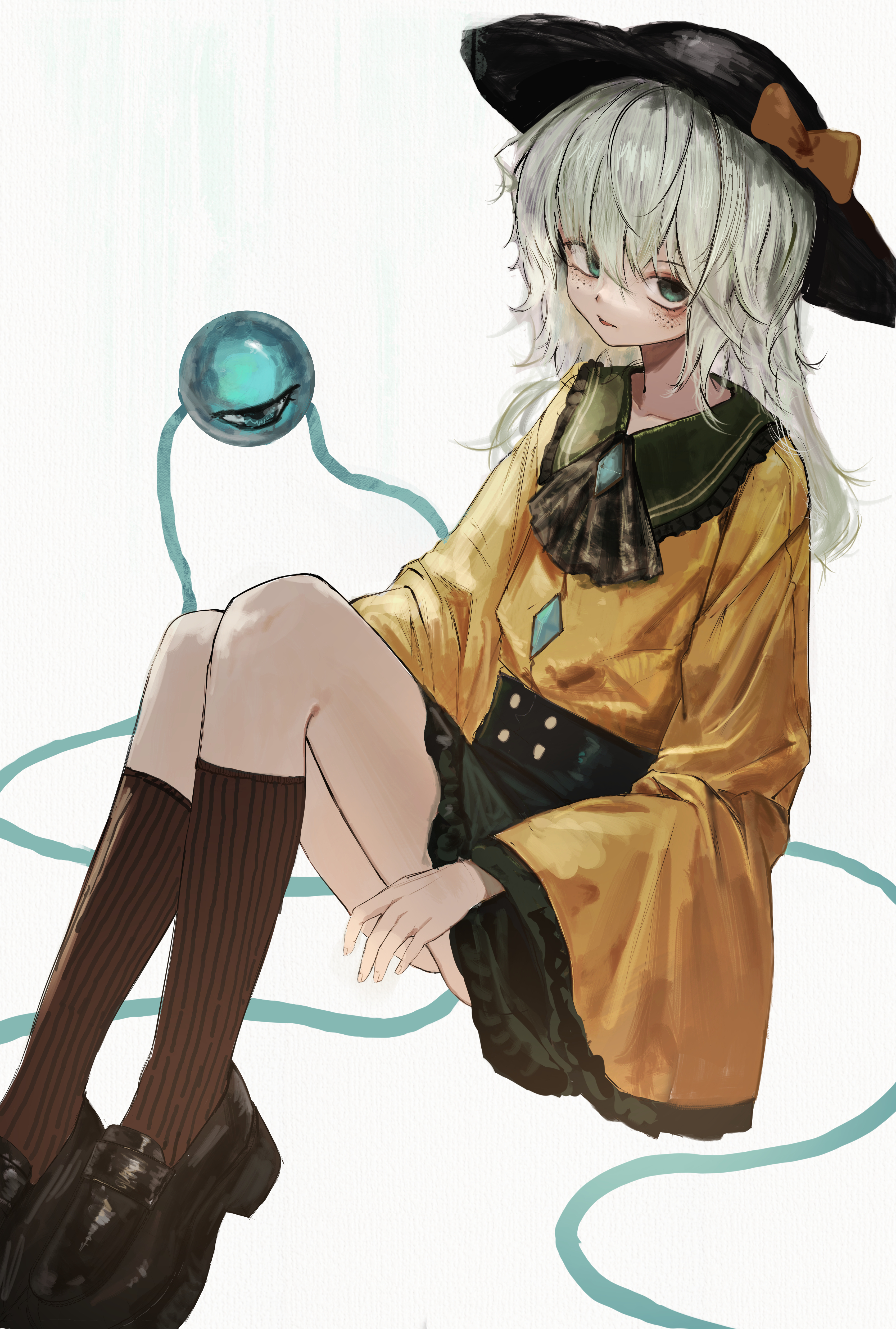 magnistr1, komeiji koishi, touhou, absurdres, commentary request, highres, revision, 1girl, ascot, black ascot, black hat, black shoes, black skirt, bow, brown socks, freckles, grey eyes, hat, hat bow, loafers, long hair, looking at viewer, shirt, shoes, sitting, skirt, socks, solo, third eye, white hair, yellow bow, yellow shirt