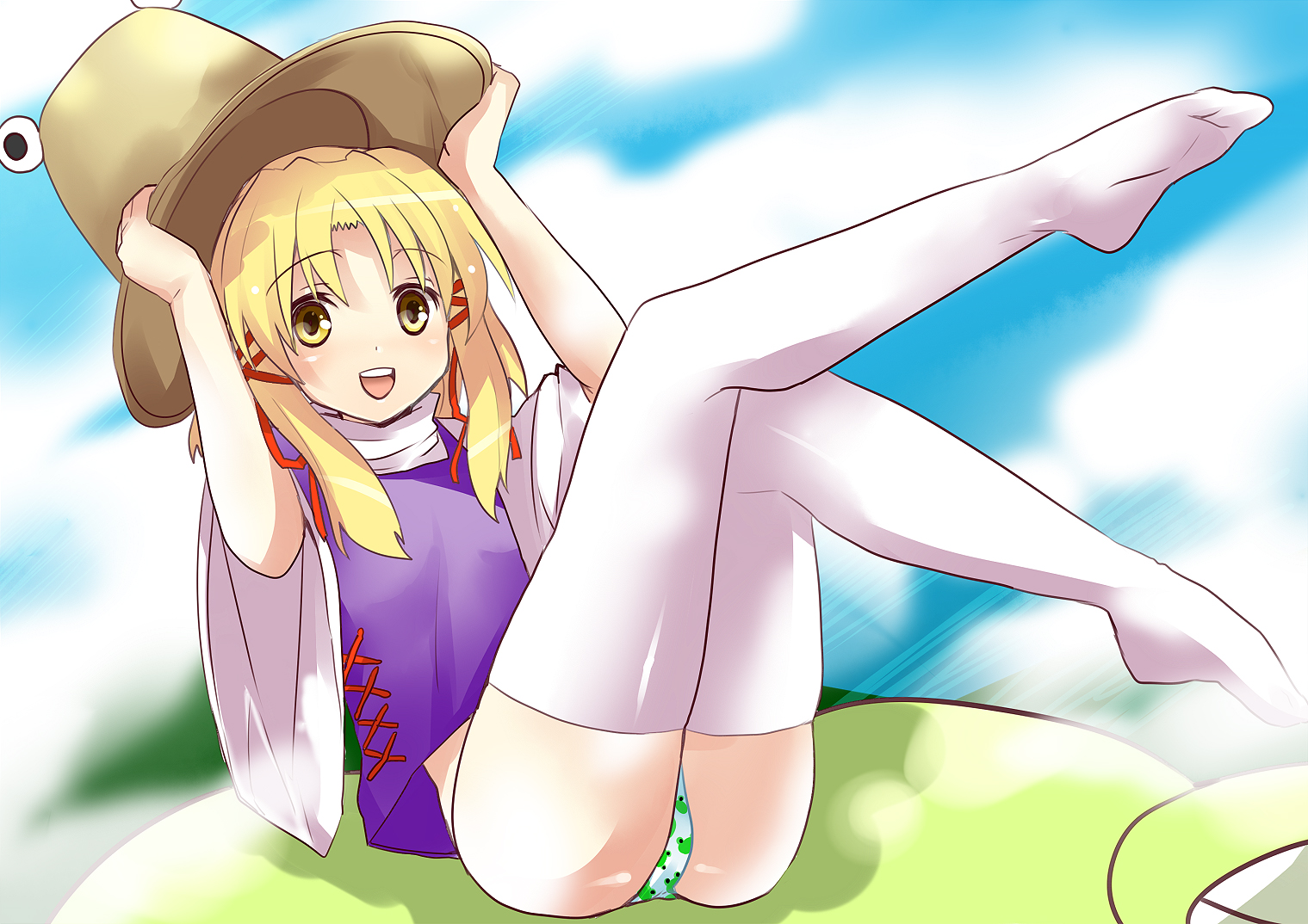chiha, moriya suwako, touhou, bad id, bad pixiv id, 1girl, animal print, blonde hair, female focus, frog, frog panties, frog print, hair ribbon, hat, open mouth, panties, print panties, ribbon, smile, solo, thighhighs, underwear, yellow eyes