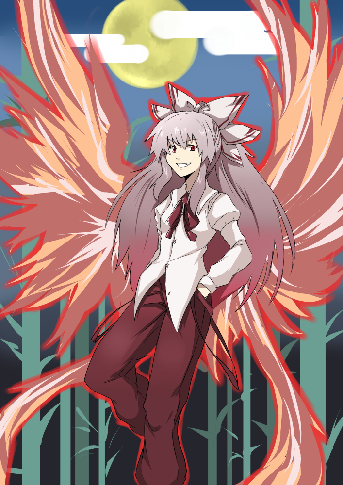 reon (pixiv), reon (saikyou), fujiwara no mokou, touhou, silver hair, 1girl, bow, egasumi, female focus, fire, hair bow, long hair, red eyes, solo