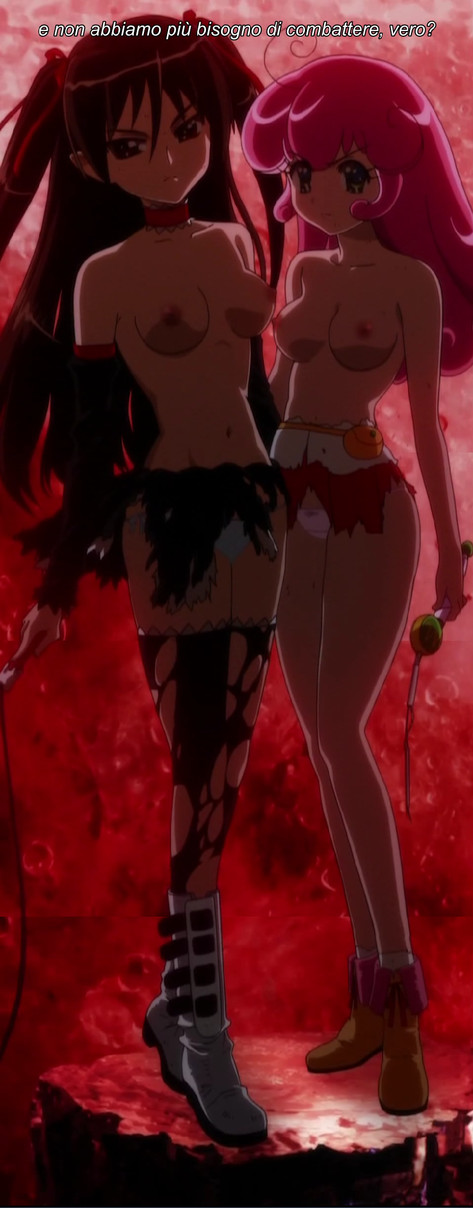 bloody celica, sweetie milly, fight ippatsu! juuden-chan!!, torn legwear, white footwear, yellow footwear, absurdres, anime screenshot, highres, stitched, third-party edit, 00s, 2girls, ahoge, angry, arms at sides, bare arms, bare legs, bare shoulders, belt, belt pouch, black detached sleeves, black hair, black thighhighs, boots, bow, bow panties, breasts, choker, closed mouth, collarbone, curly hair, dark, detached sleeves, female focus, frown, full body, hair between eyes, hair ribbon, holding, holding wand, holding weapon, holding whip, legs, long hair, medium breasts, multiple girls, navel, neck, nipples, panties, pink hair, pointy ears, pouch, red choker, red ribbon, ribbon, serious, shoes, skirt, standing, subtitled, text focus, thighhighs, topless female, torn clothes, two side up, underwear, wand, weapon, whip, white panties