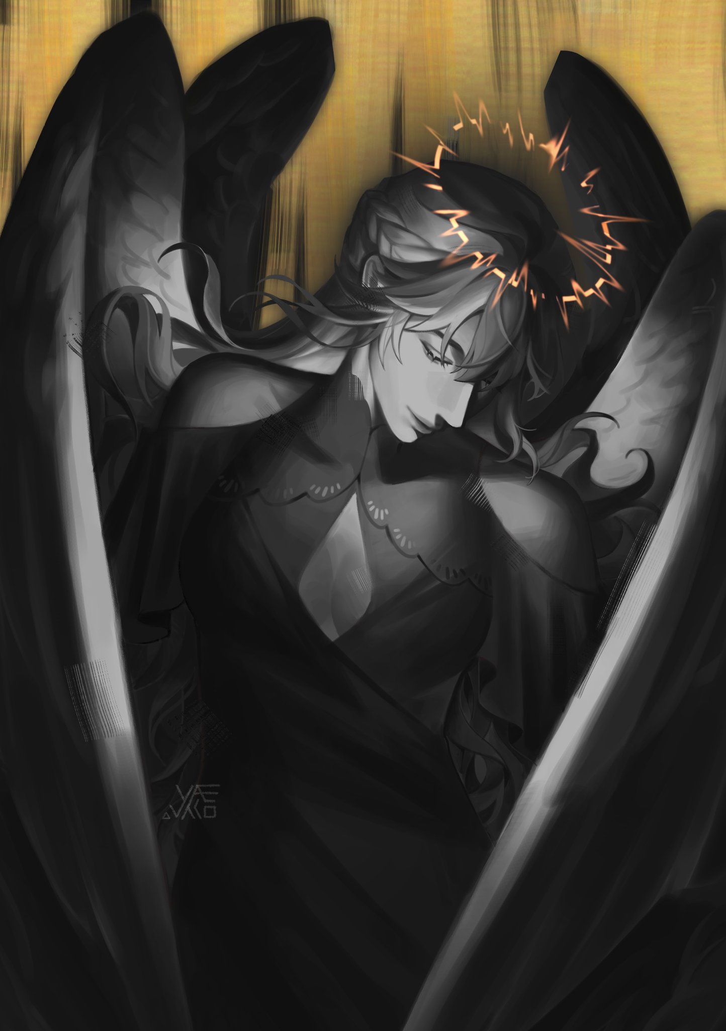 uriel (omniscient reader's viewpoint), omniscient reader's viewpoint, highres, 1girl, braid, breasts, cleavage, cleavage cutout, closed eyes, clothing cutout, dress, drop shadow, feathered wings, floating hair, halo, head down, head tilt, limited palette, long hair, partially colored, shoulder cutout, solo, spiked halo, wings, yaevako