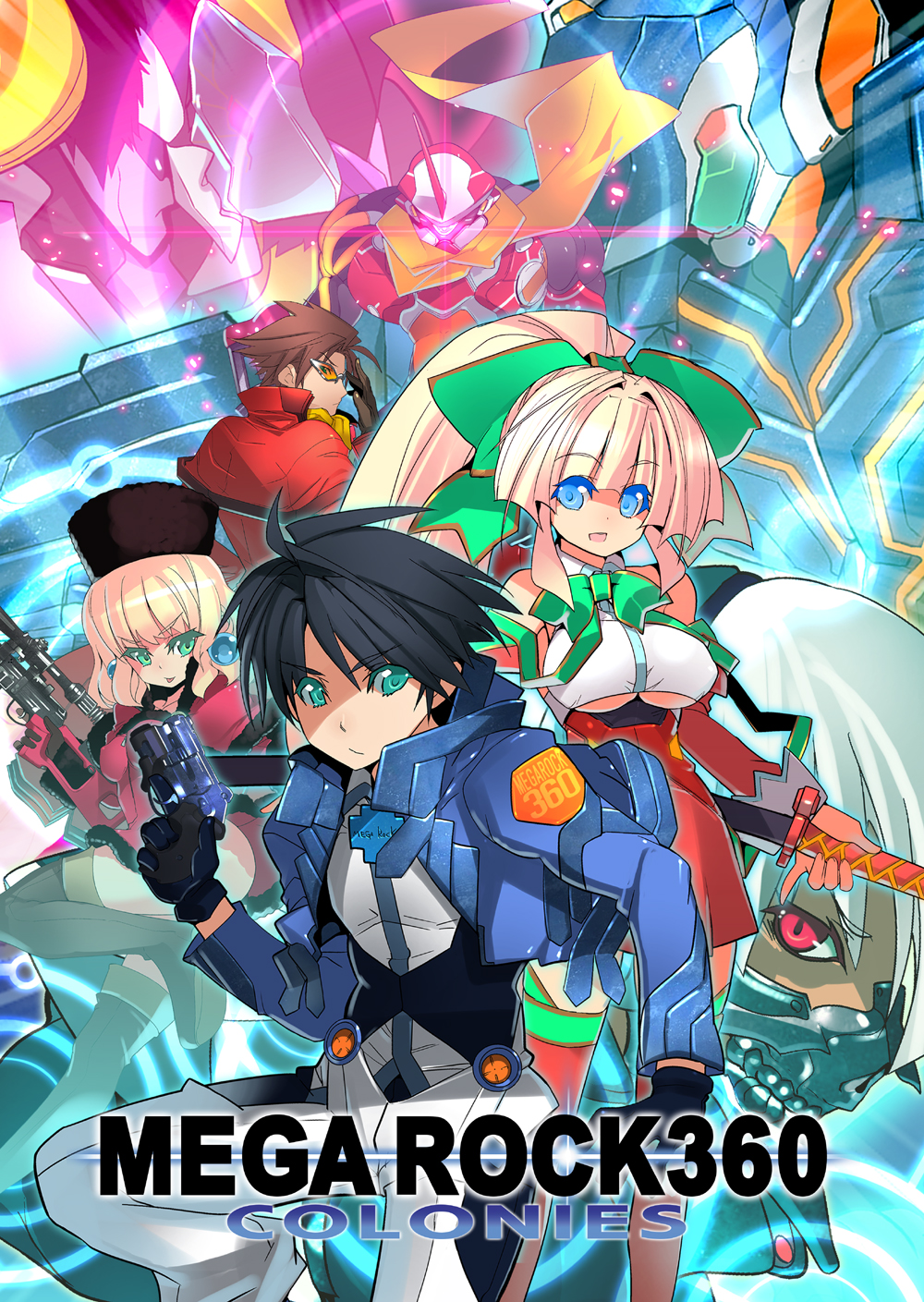 a-walk, fujishima-sei ichi-gou, kalinka cossack (mega man), mega man (character), omega (mega man), proto man, roll (mega man), skull man, capcom, mega man (classic), mega man (series), highres, 2boys, 2girls, alternate costume, androgynous, blonde hair, blue eyes, breasts, colored eyelashes, detached sleeves, earrings, glint, green eyes, gun, hat, jewelry, mecha, multiple boys, multiple girls, ponytail, ribbon, robot, scarf, sunglasses, underboob, weapon