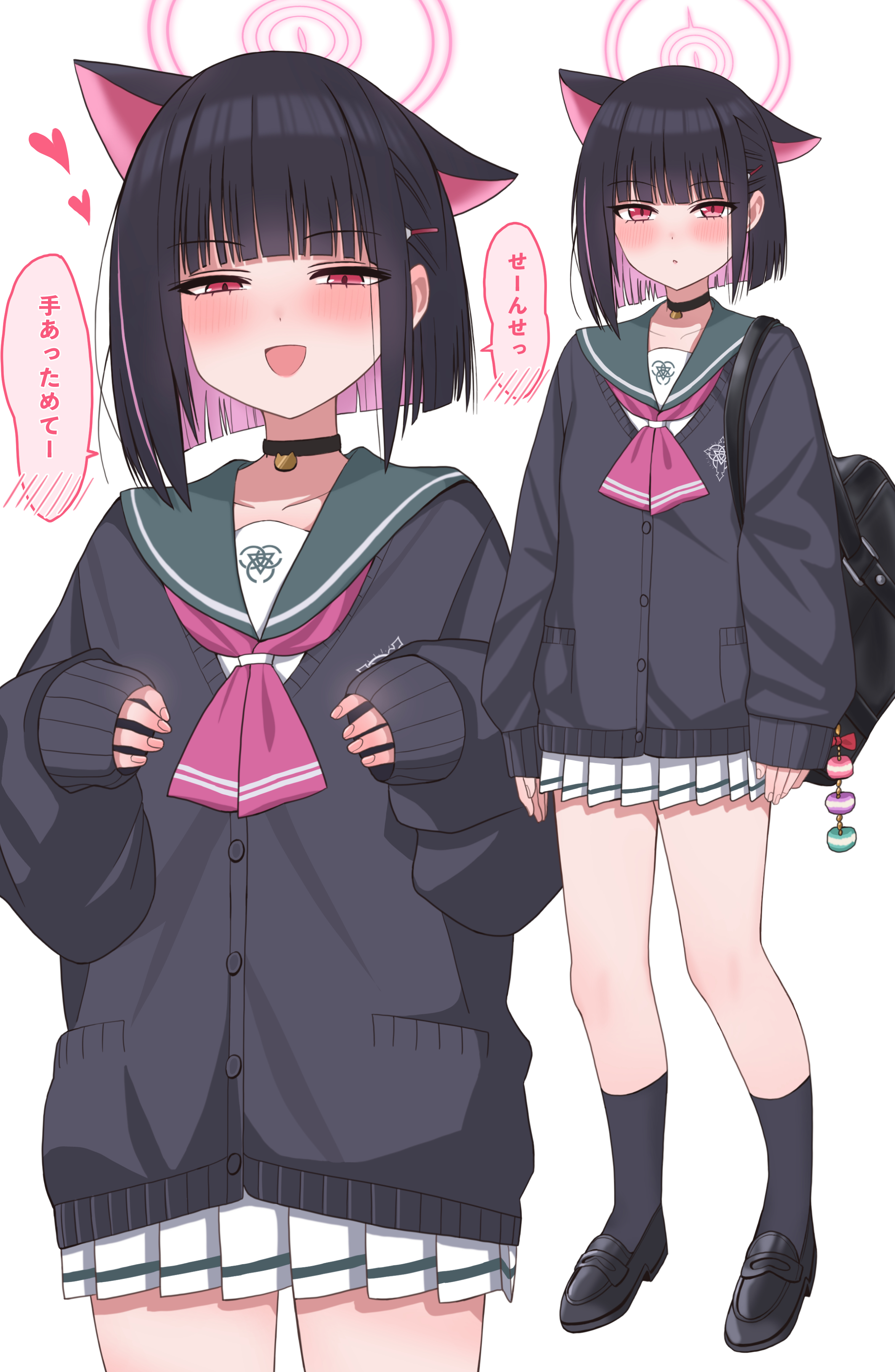 onsen (asnrtnbrsiku), kazusa (blue archive), blue archive, absurdres, commentary request, highres, translation request, 1girl, animal ears, bag, black bag, black cardigan, black hair, black shoes, black socks, cardigan, cat choker, cat ears, cat girl, closed mouth, colored inner animal ears, colored inner hair, extra ears, green sailor collar, halo, holding, holding bag, kneehighs, looking at viewer, multicolored hair, neckerchief, pink hair, pink halo, pink neckerchief, pleated skirt, sailor collar, shoes, short hair, skirt, socks, solo, two-tone hair, white skirt