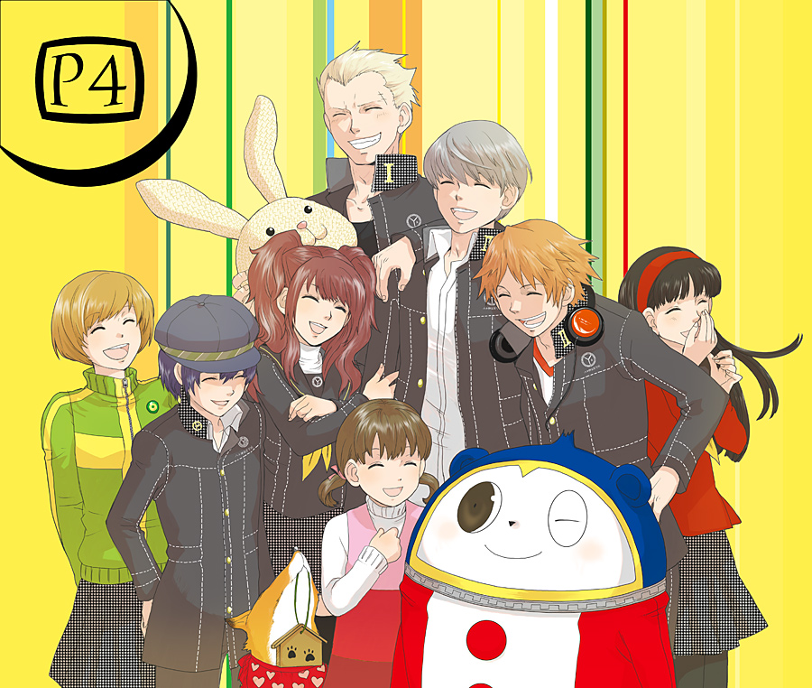 koshi anko, amagi yukiko, doujima nanako, hanamura yousuke, kujikawa rise, kuma (persona 4), narukami yu, satonaka chie, shirogane naoto, tatsumi kanji, atlus, persona, persona 4, bad id, bad pixiv id, 3boys, 5girls, black eyes, blonde hair, blue hair, brown hair, closed eyes, fox, grey hair, hat, long hair, multiple boys, multiple girls, newsboy cap, one eye closed, pantyhose, red hair, school uniform, serafuku, short hair, wink