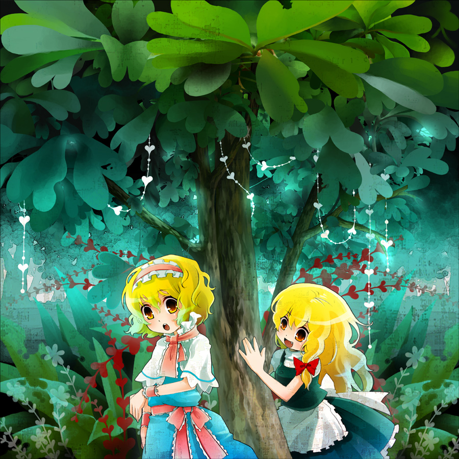 moonyan, alice margatroid, kirisame marisa, touhou, 2girls, blonde hair, braid, female focus, hairband, long hair, multiple girls, short hair, yellow eyes