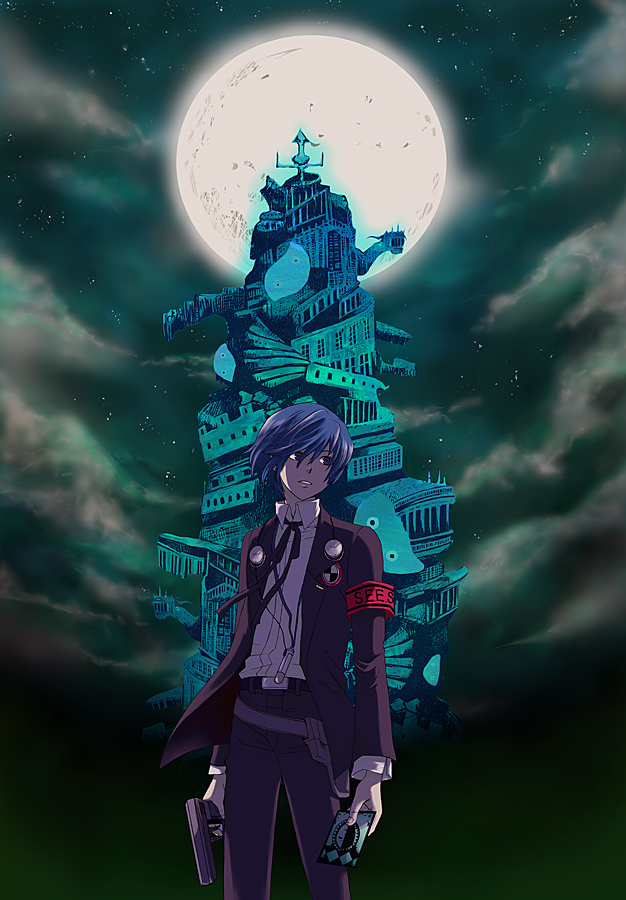 koshi anko, yuuki makoto (persona 3), atlus, persona, persona 3, bad id, bad pixiv id, 1boy, armband, blue eyes, blue hair, evoker, full moon, gun, headphones, male focus, matching hair/eyes, moon, school uniform, solo, weapon
