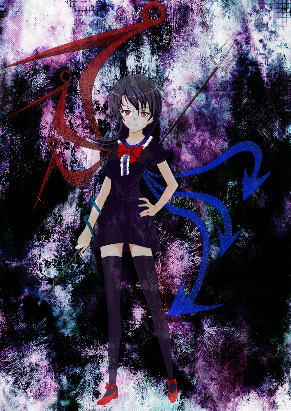 hamasho, houjuu nue, touhou, bad id, bad pixiv id, highres, 1girl, black hair, black thighhighs, dress, female focus, polearm, red eyes, short hair, snake, solo, spear, thighhighs, trident, weapon, wings, zettai ryouiki