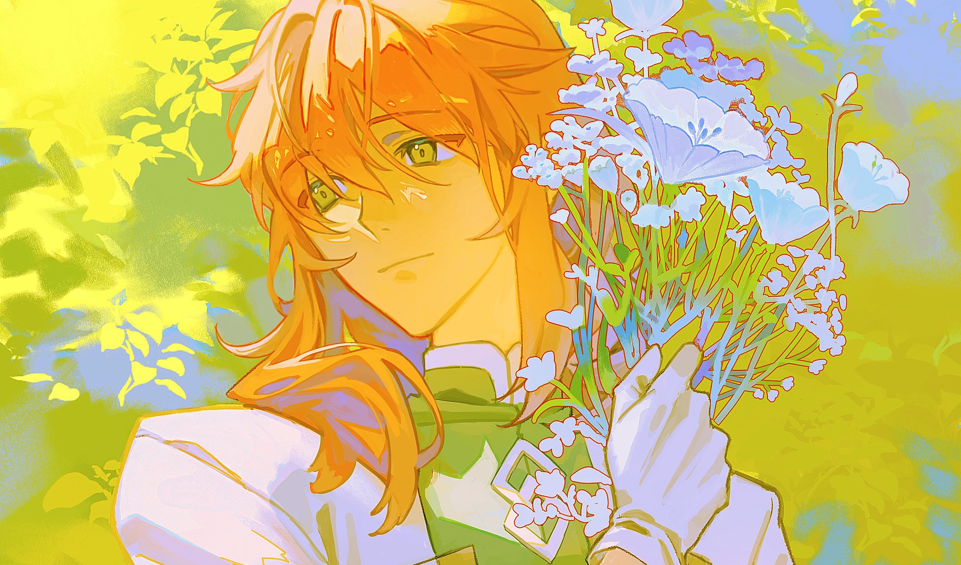 sumssingbo, romani archaman, fate/grand order, fate (series), commentary request, highres, korean commentary, traditional media, 1boy, chaldea logo, closed mouth, flower, gloves, green eyes, hair between eyes, high collar, holding, holding flower, light smile, lily (flower), looking to the side, male focus, orange hair, solo, upper body, white gloves