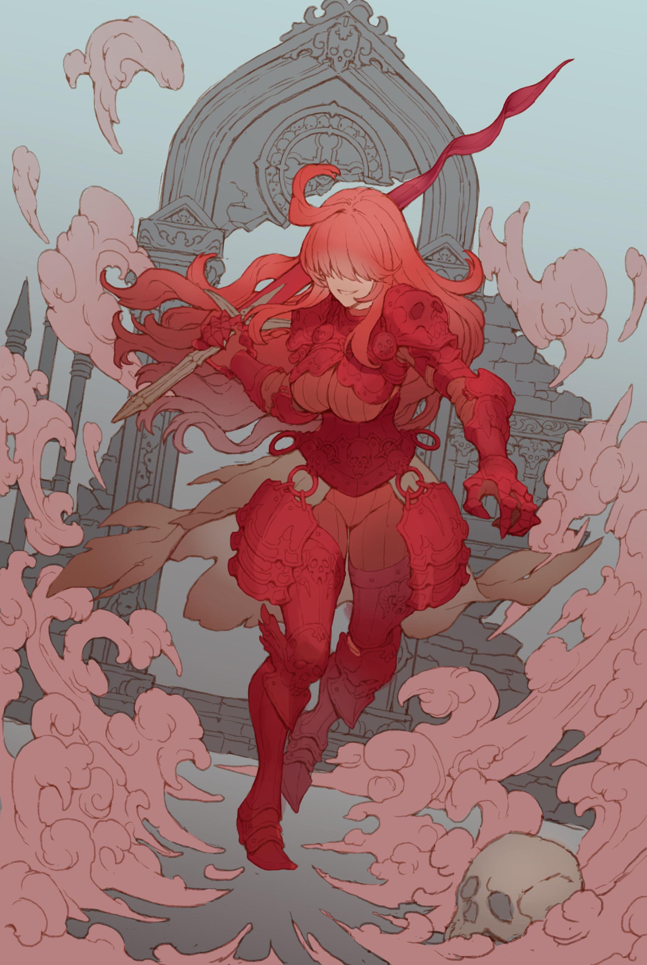 nrcgray, original, absurdres, commentary, english commentary, highres, 1girl, ahoge, armor, armored boots, boots, borrowed character, breasts, facing viewer, faulds, floating hair, gauntlets, hair over eyes, holding, holding sword, holding weapon, knight, large breasts, long hair, over shoulder, pauldrons, plate armor, red armor, red hair, red knight (murgoten), ruins, shoulder armor, skull, skull pauldron, smile, smoke, solo, sword, weapon, weapon over shoulder