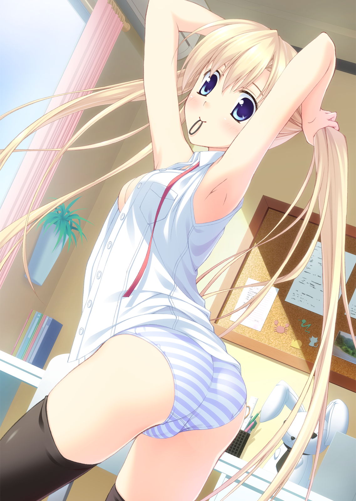 hinata nao, original, bad id, bad pixiv id, highres, 1girl, adjusting hair, armpits, arms up, ass, black thighhighs, blonde hair, blue eyes, book, breasts, cleavage, female focus, hairdressing, mouth hold, no bra, open clothes, open shirt, panties, rabbit, shirt, smile, solo, striped clothes, striped panties, stuffed animal, stuffed rabbit, stuffed toy, tareme, thighhighs, twintails, underwear, wide-eyed