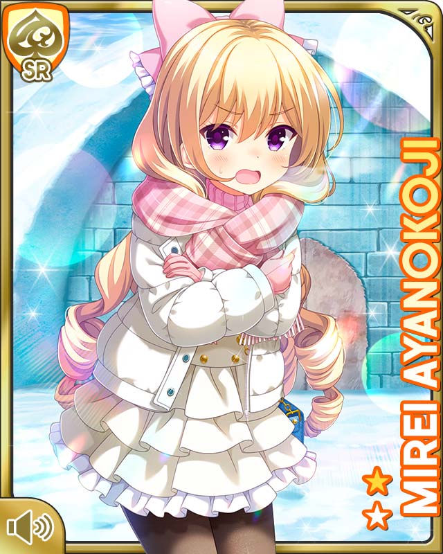 qp:flapper, ayanokoji mirei, girlfriend (kari), black legwear, official art, tagme, 1girl, :o, blonde hair, blouse, bow, card, character name, curly hair, female focus, gloves, hair ornament, jacket, long hair, open mouth, ouju, outdoors, pink bow, pink scarf, plaid clothes, plaid scarf, purple eyes, ringlets, scarf, shirt, shivers, shoes, skirt, snow, solo, standing, sweden, very long hair, white jacket, white shirt, white skirt, winter clothes