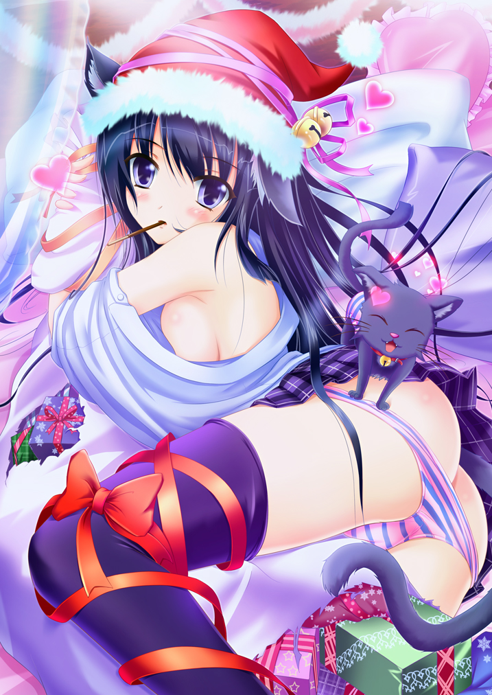 nisson, original, 1girl, bell, black hair, black thighhighs, blue eyes, blush, bow, breasts, cat, female focus, food, hat, heart, jingle bell, large breasts, mouth hold, panties, pillow, plaid clothes, plaid skirt, pocky, ribbon, santa hat, sideboob, skirt, solo, striped clothes, striped panties, thighhighs, underwear