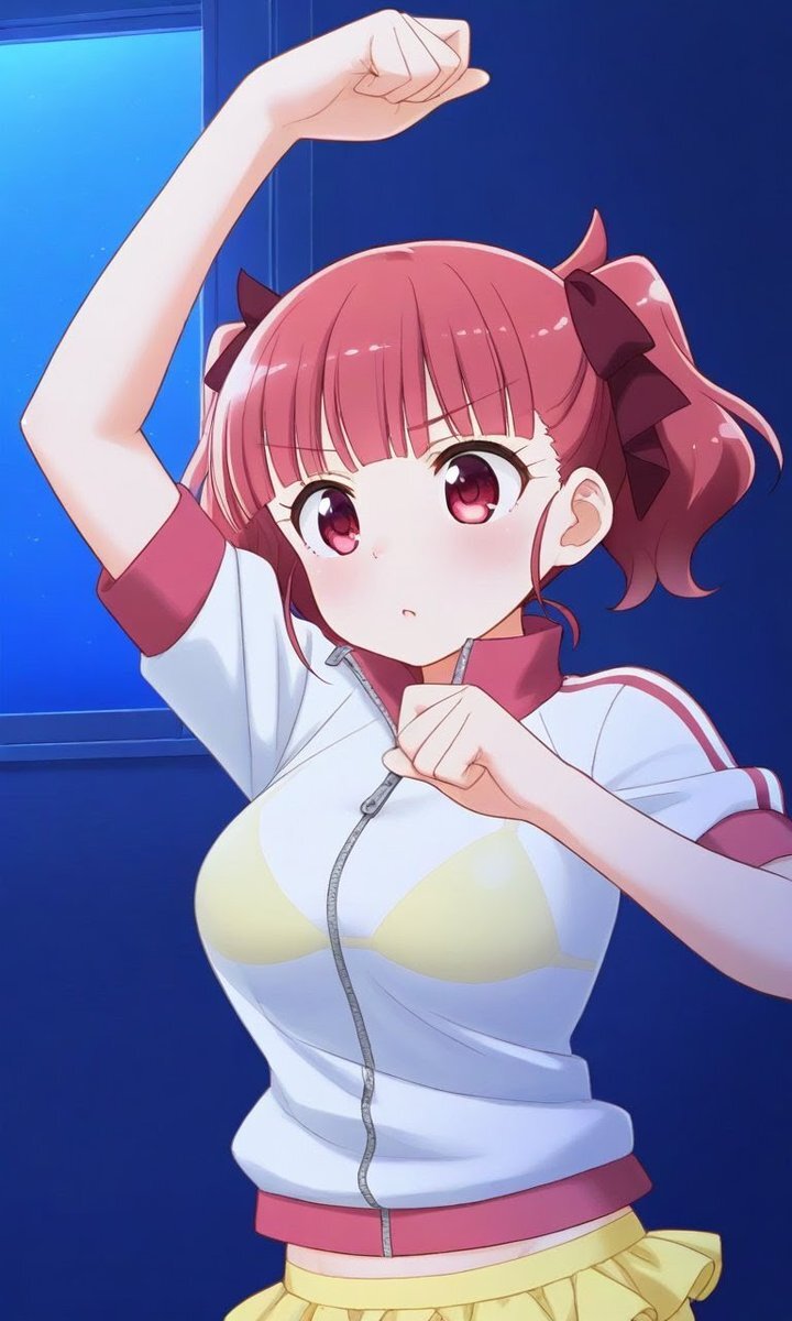 1girl, jacket, medium hair, night, red eyes, red hair, red jacket, twintails