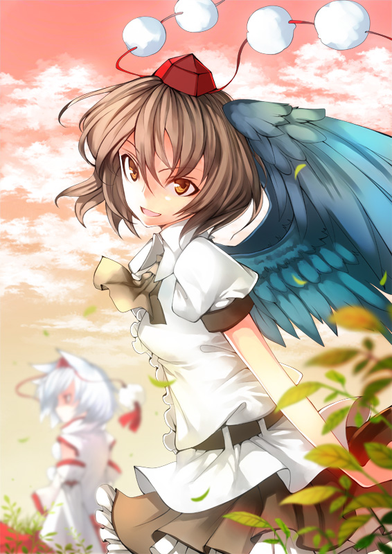 senzi, inubashiri momiji, shameimaru aya, touhou, silver hair, 2girls, animal ears, black hair, blurry, brown eyes, depth of field, detached sleeves, female focus, hat, multiple girls, nature, outdoors, plant, short hair, skirt, sky, tokin hat, wings, wolf ears