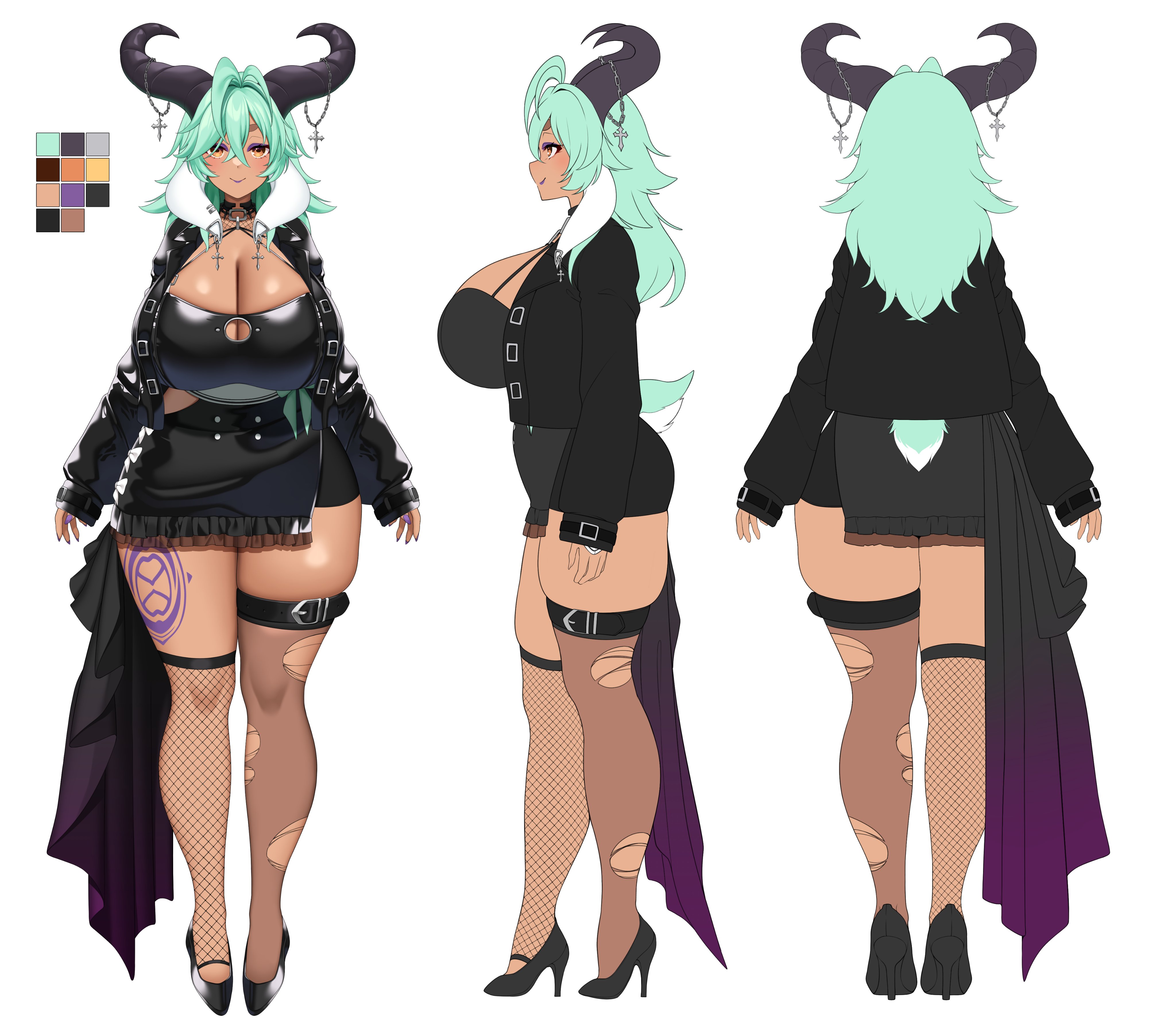 suruga (xsurugax), azura dulait, vallure, absurdres, commentary, english commentary, highres, second-party source, 1girl, asymmetrical legwear, belt, black belt, black horns, black jacket, black shoes, black skirt, bow, breasts, brown eyes, cleavage, clothing cutout, color guide, cross, dark-skinned female, dark skin, eyeshadow, fishnet thighhighs, fishnets, goat girl, goat horns, goat tail, gradient clothes, green hair, hair between eyes, high heels, horns, huge breasts, jacket, leg tattoo, long hair, makeup, multiple views, open clothes, open jacket, purple eyeshadow, purple nails, shoes, single fishnet legwear, skirt, sleeves past wrists, tail, tattoo, thigh belt, thigh strap, thighhighs, torn clothes, torn thighhighs, virtual youtuber, white bow