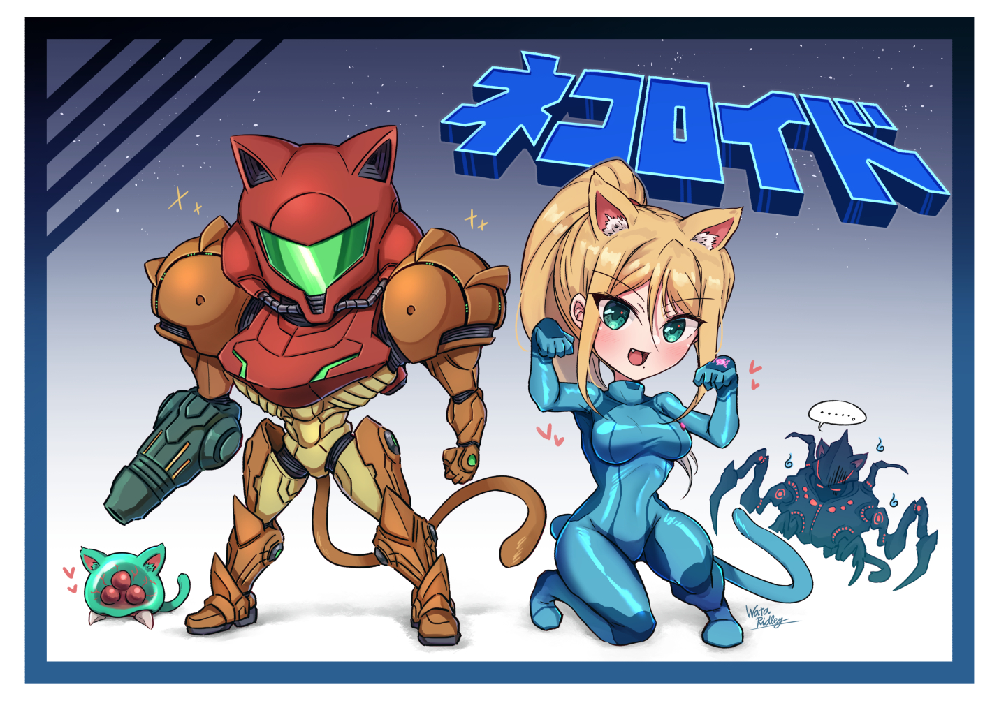 wakaba (wata ridley), metroid (creature), metroid larva, metroid prime (creature), samus aran, metroid, metroid prime 1, nintendo, commentary request, …, alien, animal ears, arm cannon, armor, artist name, assault visor, blonde hair, blue bodysuit, bodysuit, cat ears, cat tail, chibi, copyright name, fang, full armor, green visor, heart, high ponytail, kemonomimi mode, kneeling, long hair, open mouth, paw pose, ponytail, power armor, power suit (metroid), red eyes, signature, simple background, smile, tail, varia suit, weapon, white background, zero suit